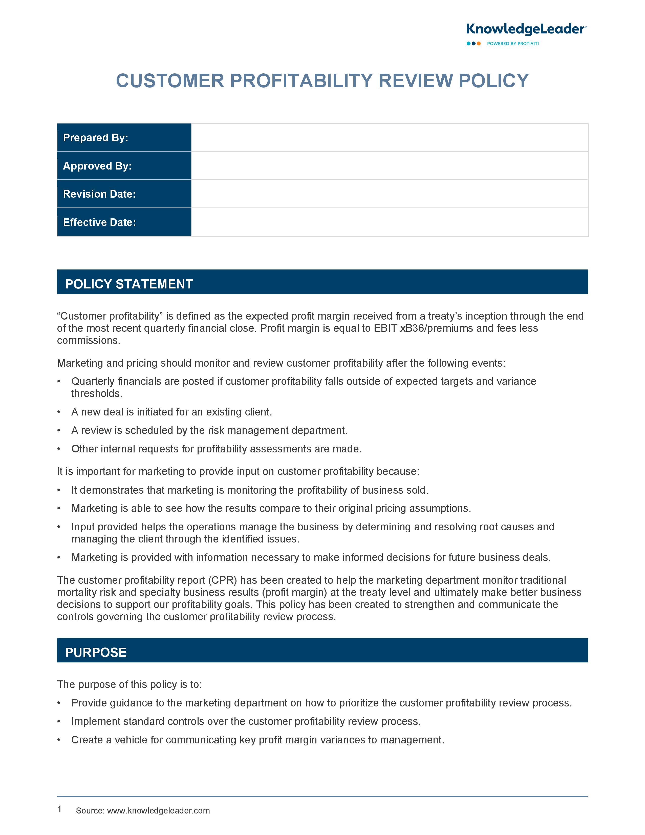 screenshot of the first page of Customer Profitability Review Policy