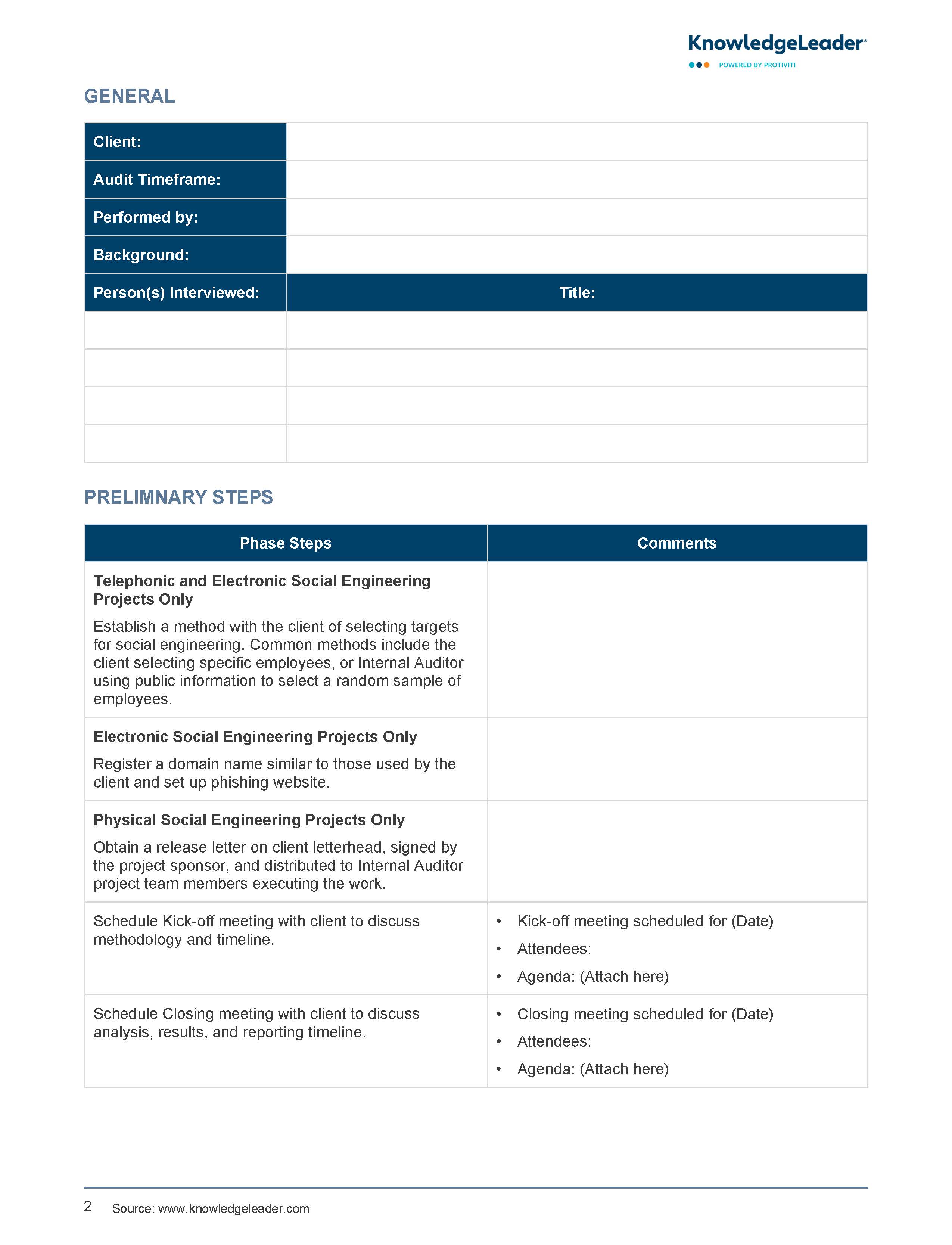 Screenshot of first page of Social Engineering Audit Work Program