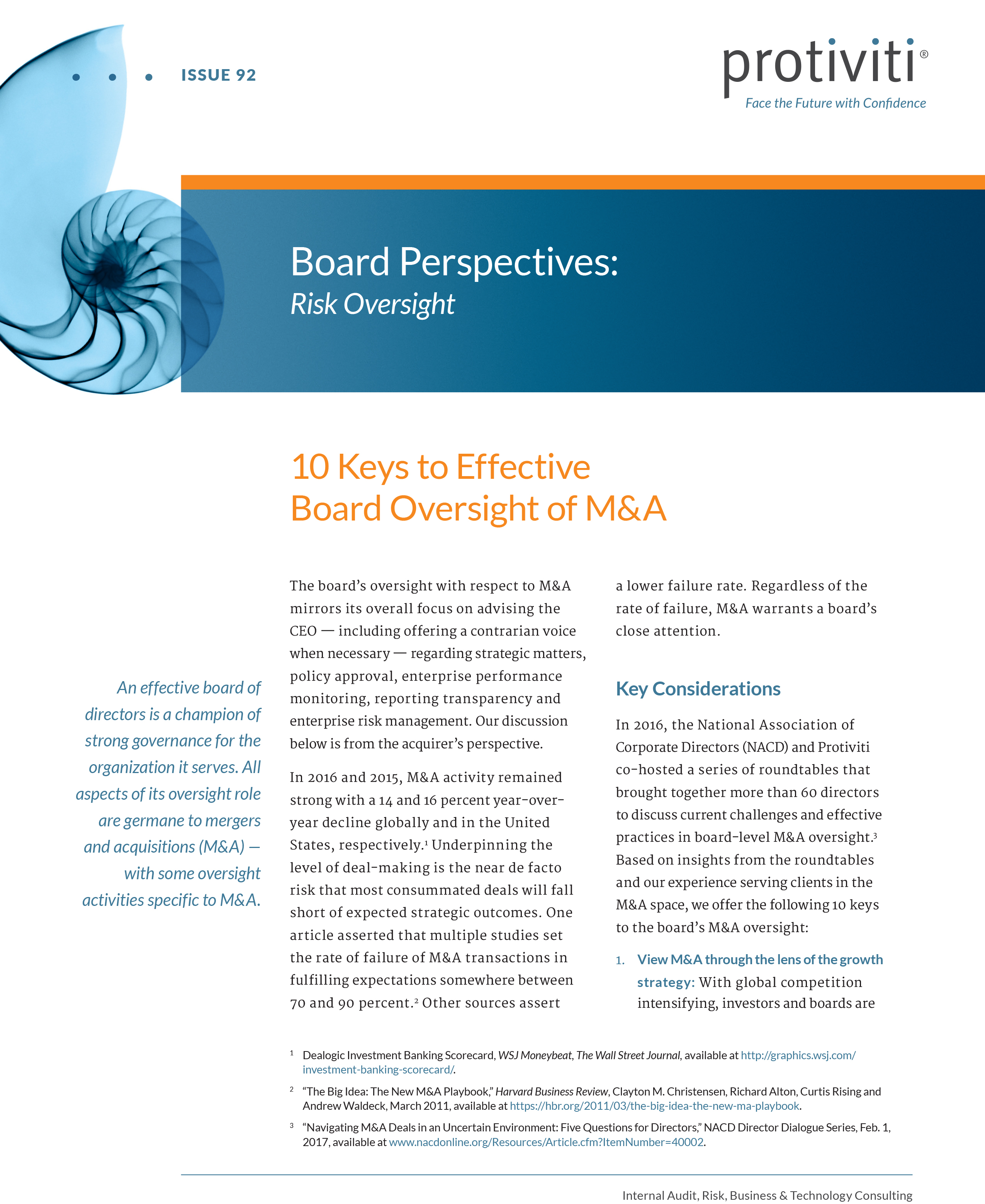 Screenshot of the first page of 10 Keys to Effective Board Oversight of M&A