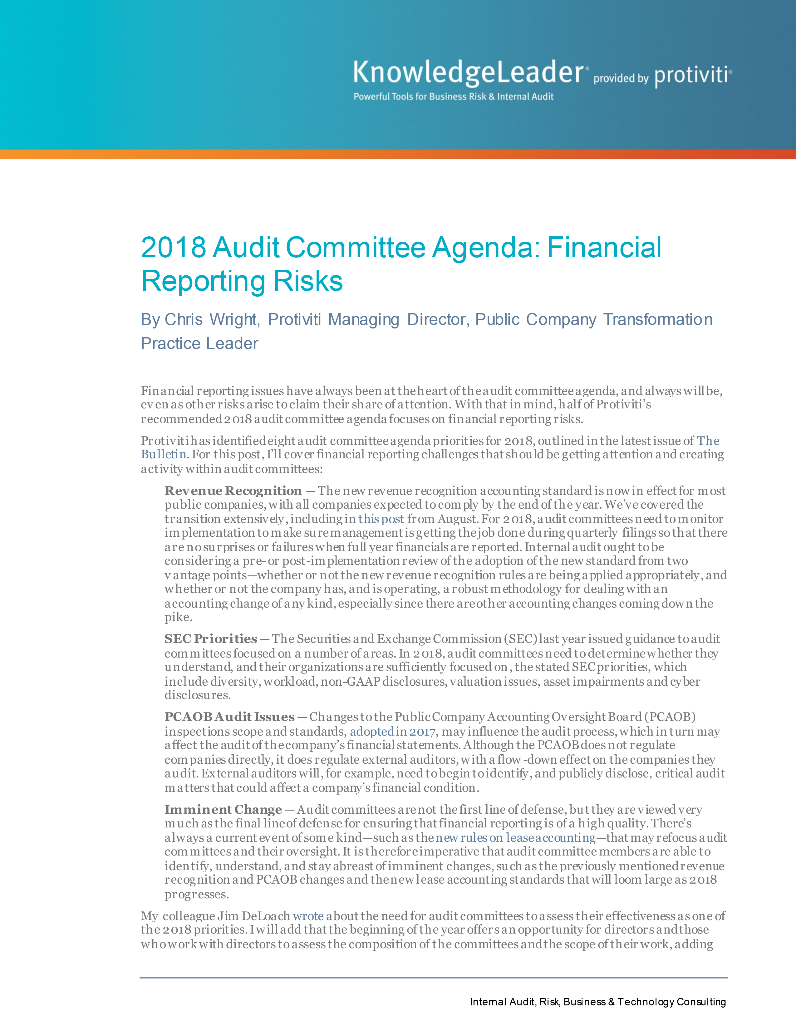 Screenshot of the first page of 2018 Audit Committee Agenda: Financial Reporting Risks
