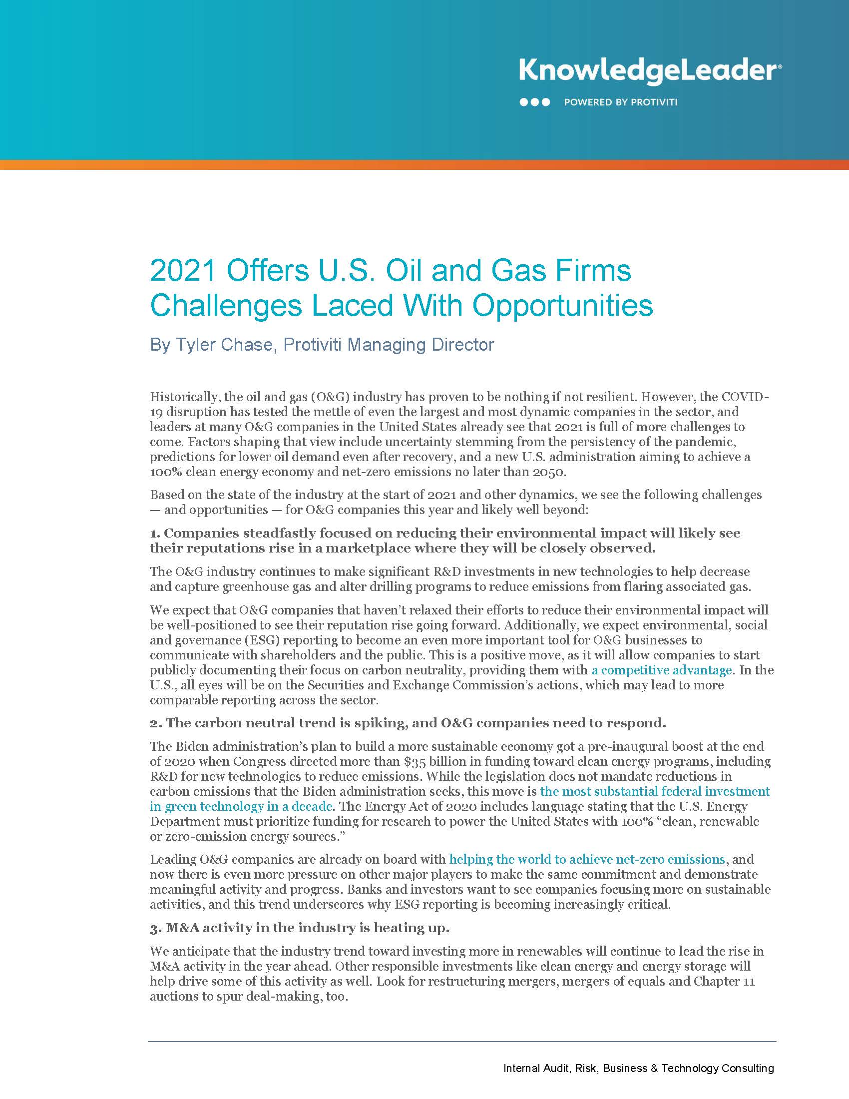 Screenshot of the first page of 2021 Offers U.S. Oil and Gas Firms Challenges Laced With Opportunities