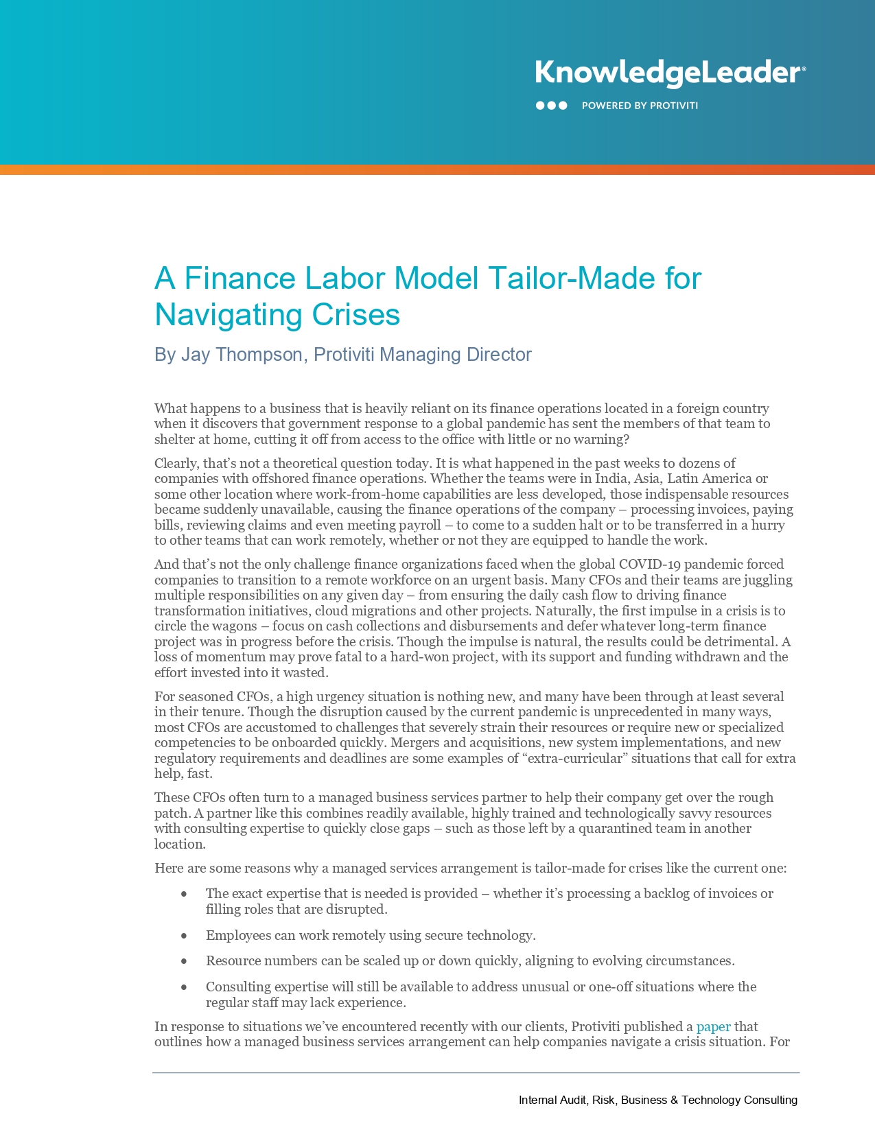 A Finance Labor Model Tailor-Made for Navigating Crises