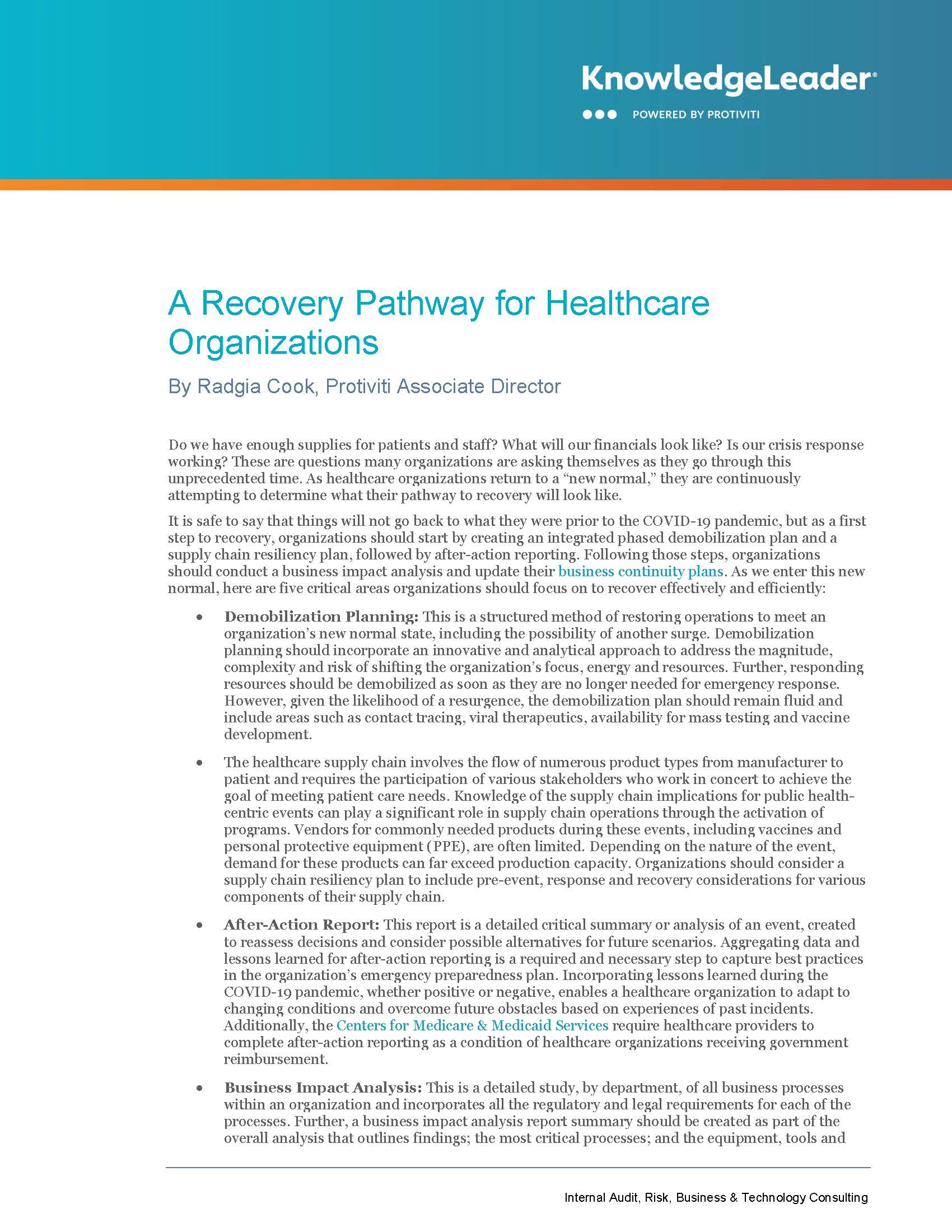 Screenshot of the first page of (A Recovery Pathway for Healthcare Organizations)
