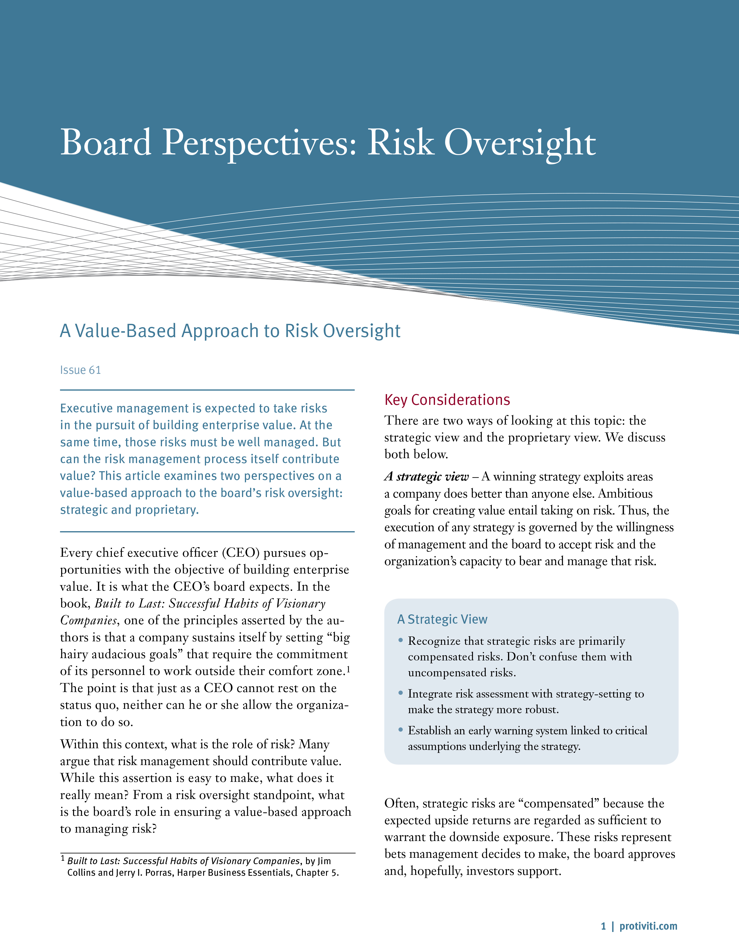 Screenshot of the first page of A Value-Based Approach to Risk Oversight