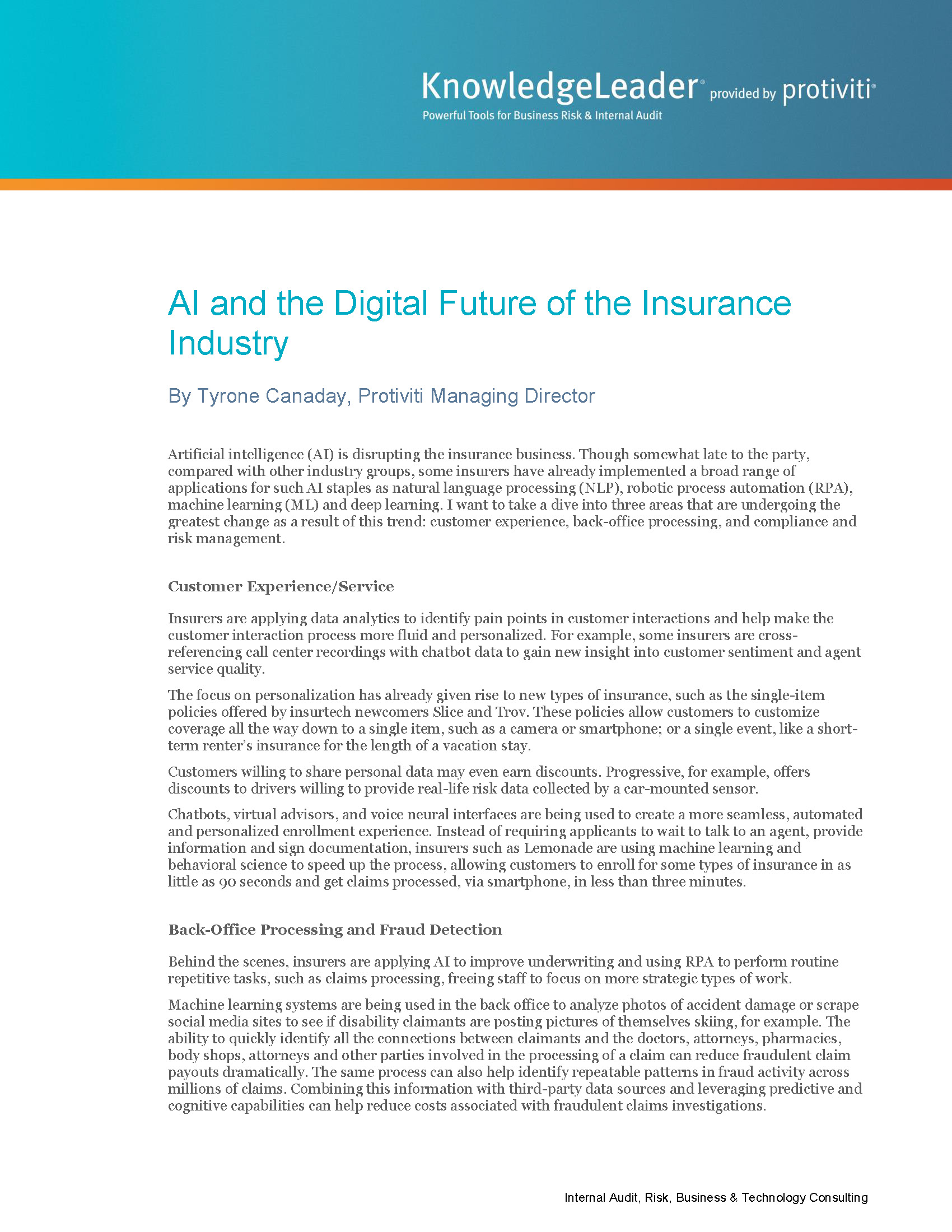 Screenshot of the first page of AI and the Digital Future of the Insurance Industry