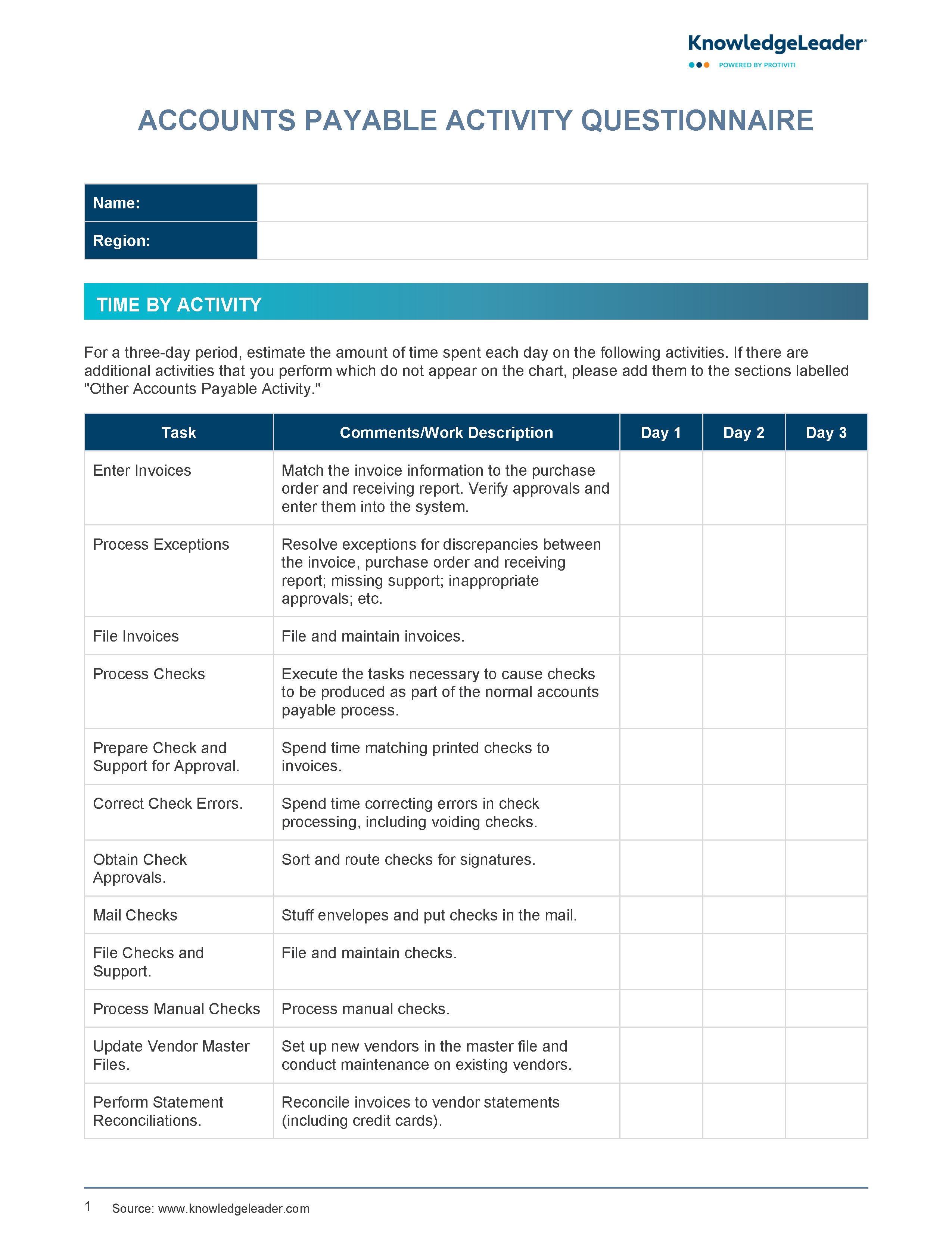 Screenshot of the first page of AP Activity Questionnaire