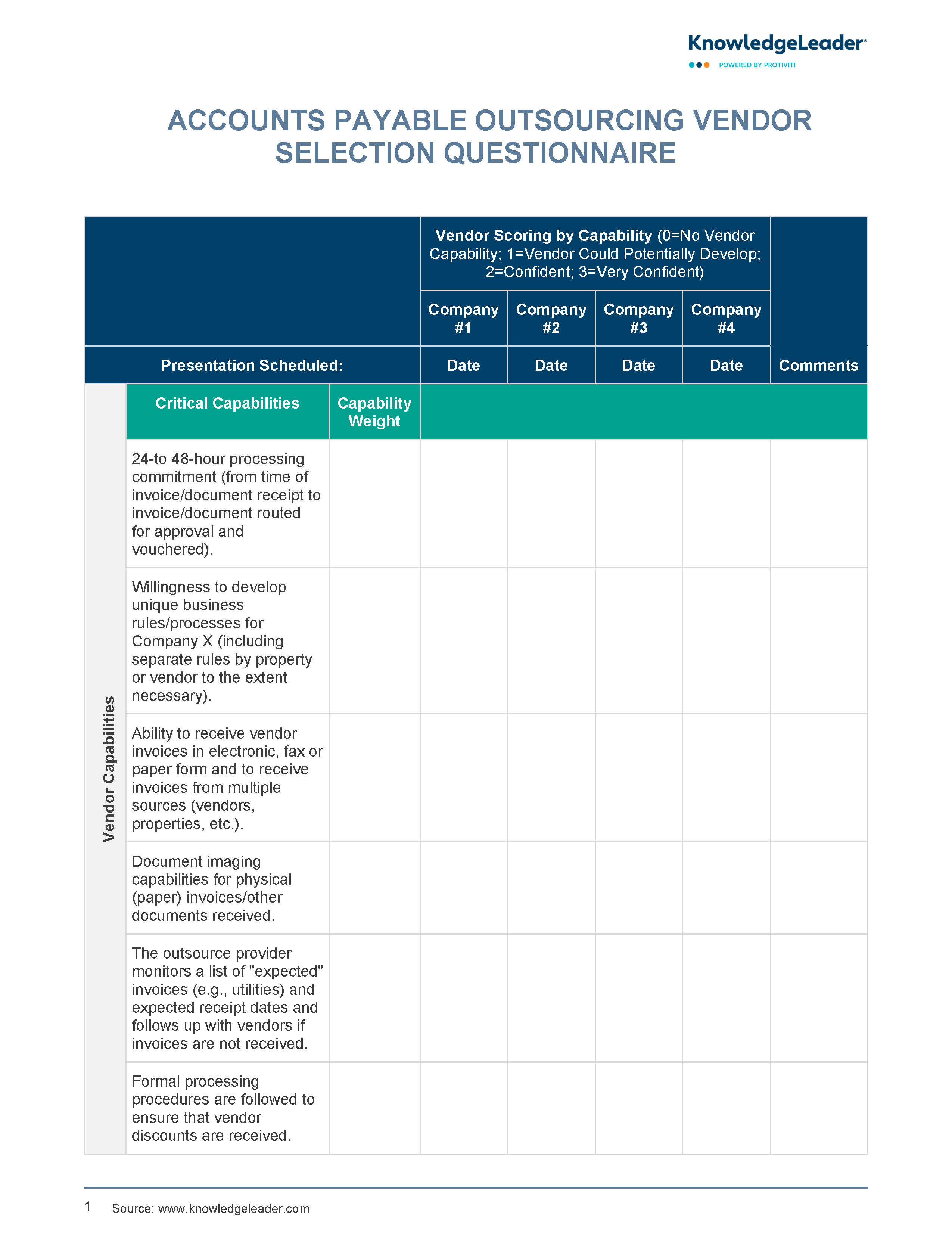 Screenshot of the first page of AP Outsourcing_Vendor Selection Matrix Diagnostic