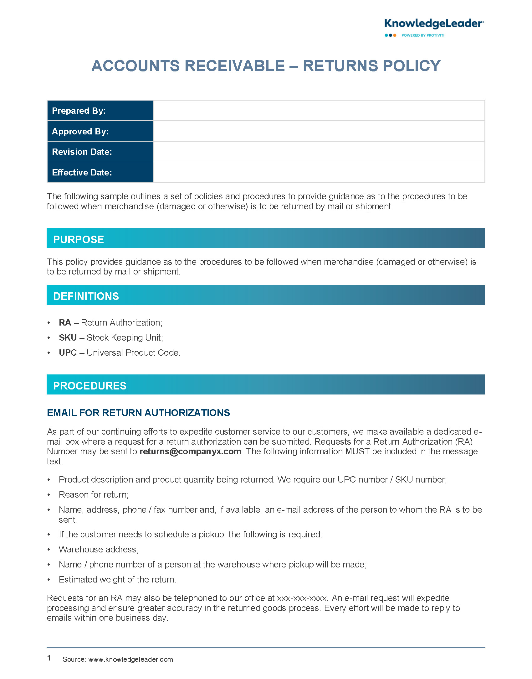 Screenshot of the first page of AR Policy Procedure - Returns