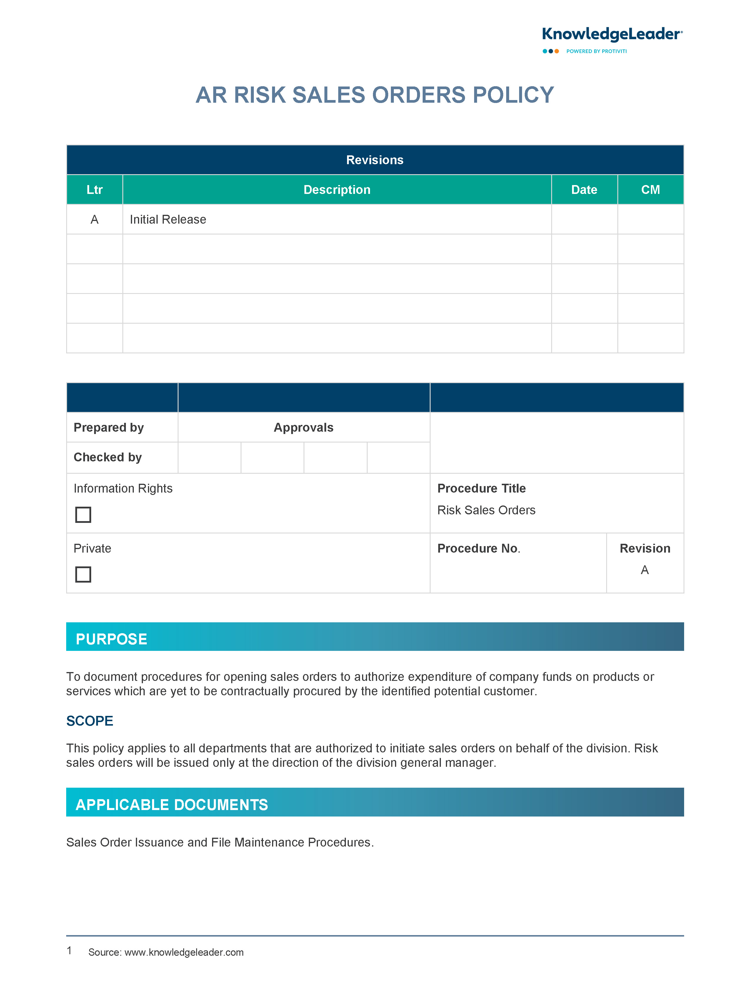 Screenshot of the first page of AR Risk Sales Orders Policy