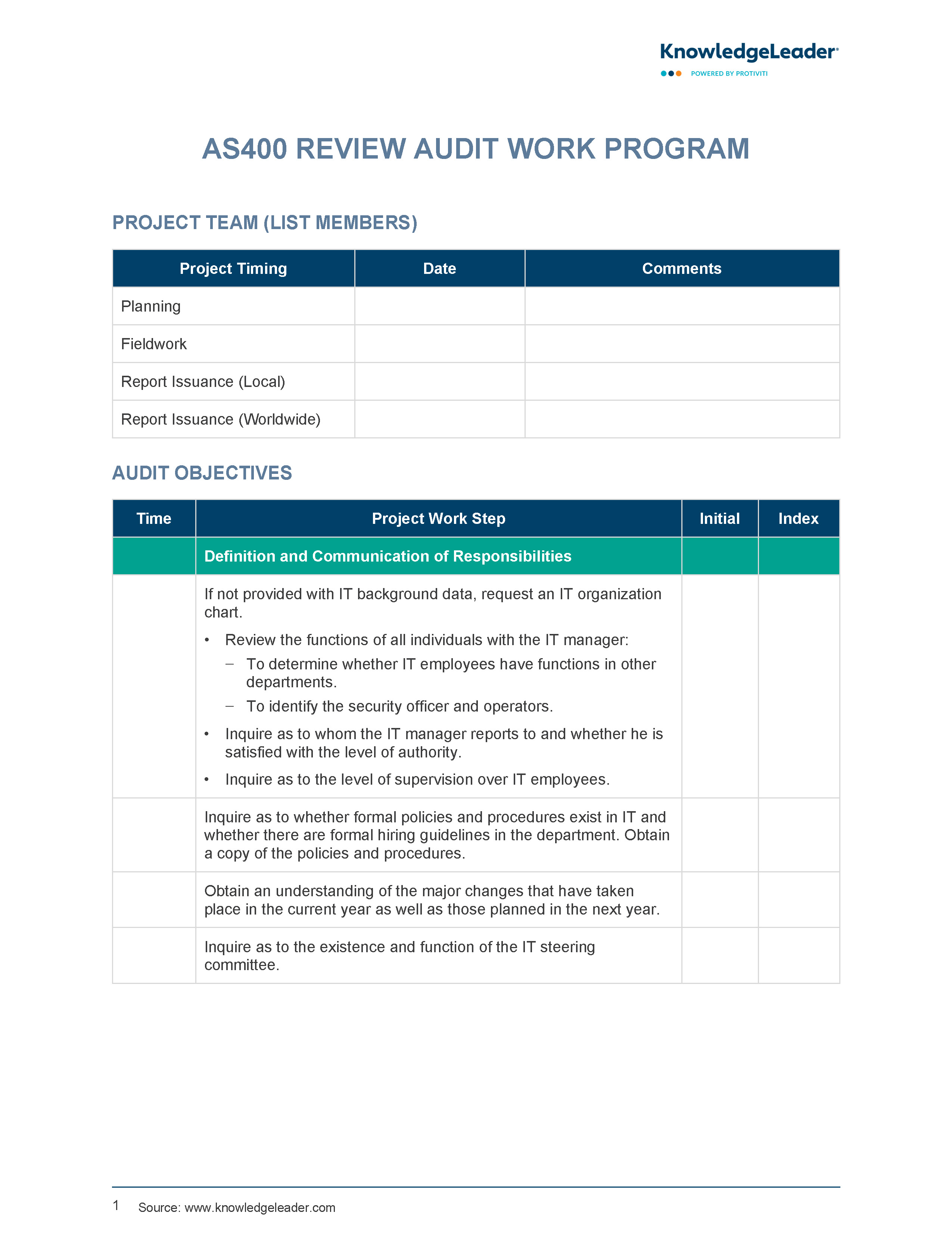 Screenshot of the first page of AS400 Review Audit Work Program