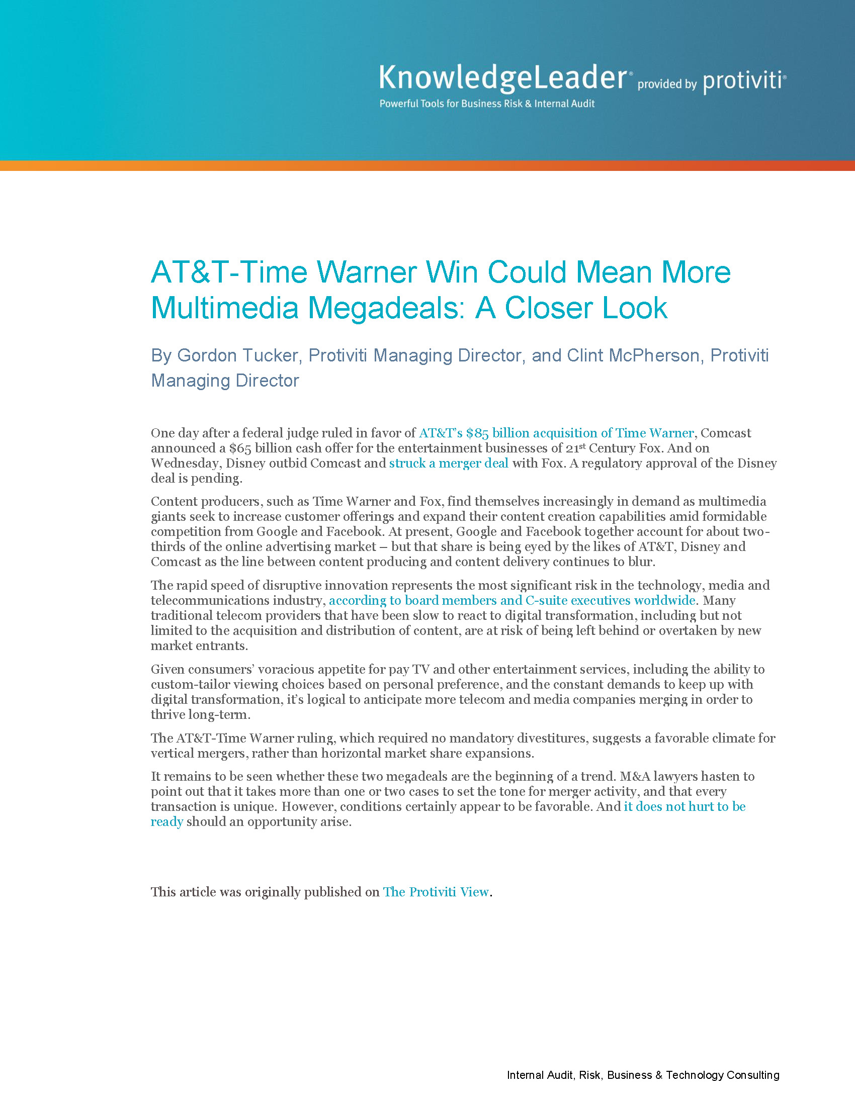 Screenshot of the first page of AT&T-Time Warner Win Could Mean More Multimedia Megadeals A Closer Look
