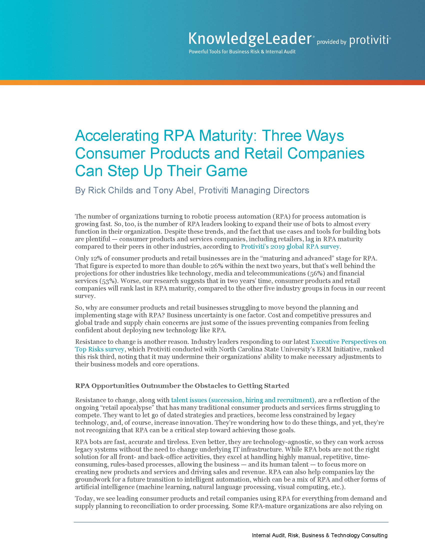 Screenshot of the first page of Accelerating RPA Maturity Three Ways Consumer Products and Retail Companies Can Step Up Their Game