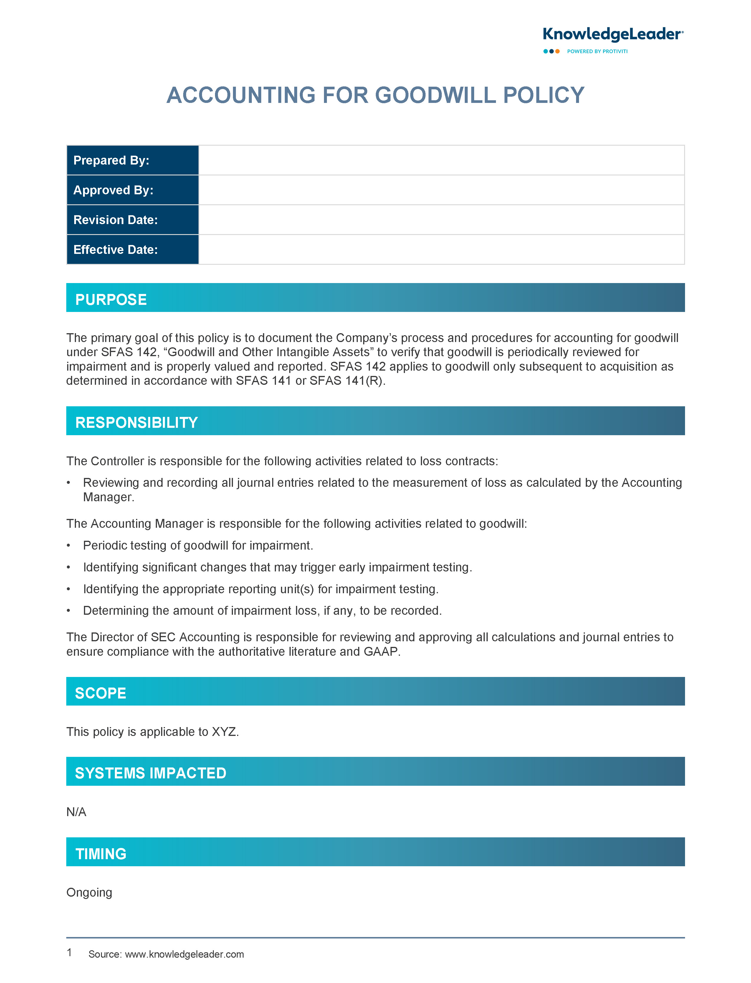 Screenshot of the first page of Accounting for Goodwill Policy