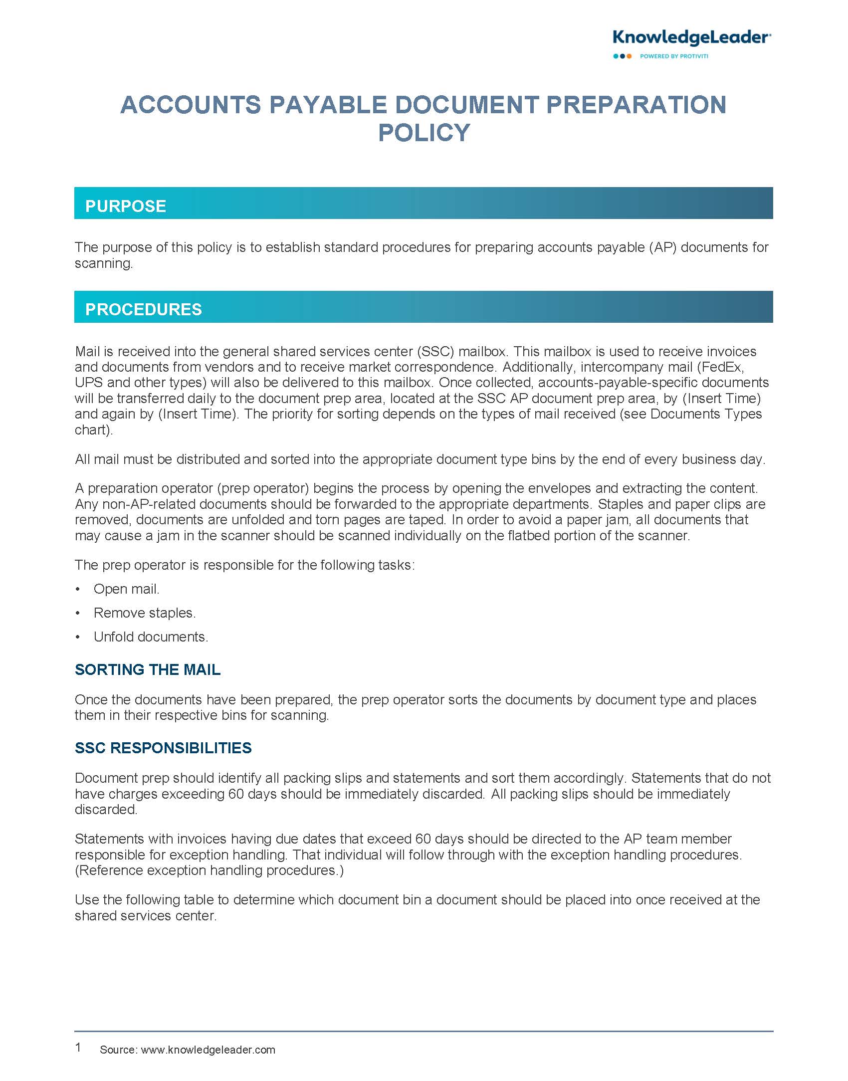 Screenshot of the first page of Accounts Payable Document Preparation Policy