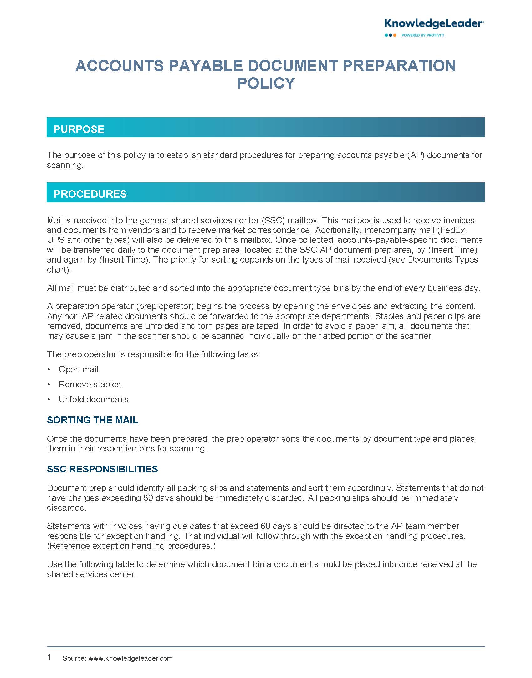 Screenshot of the first page of Accounts Payable Document Preparation Policy