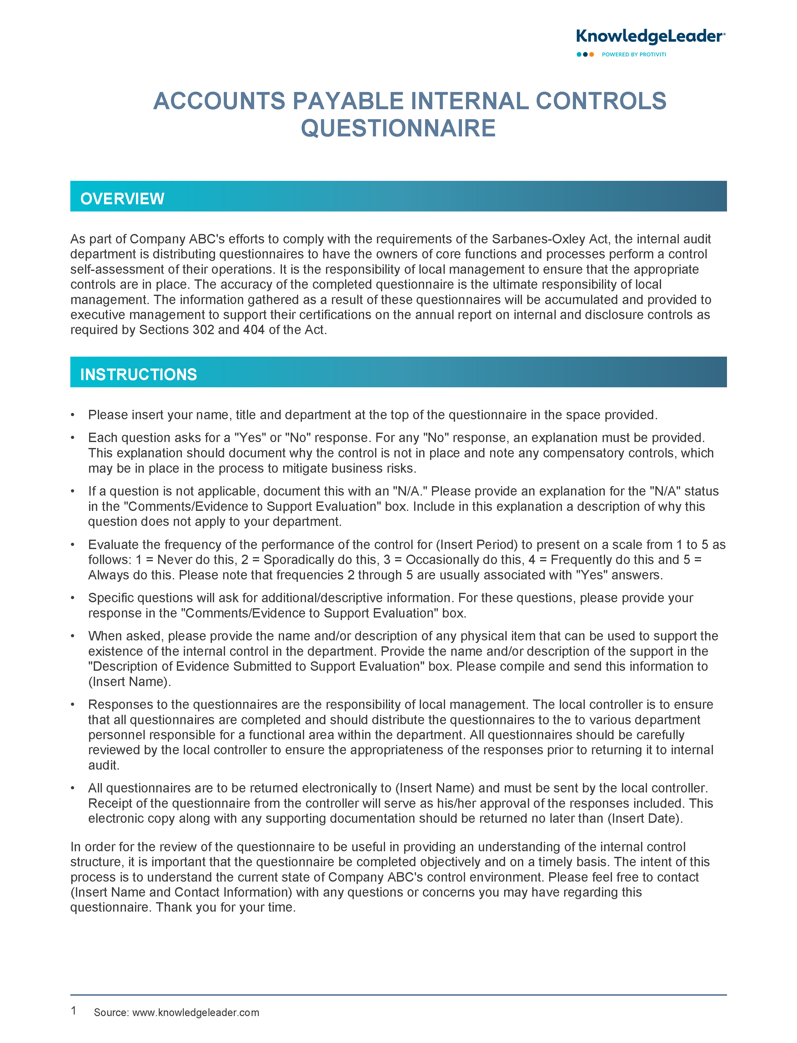 Screenshot of the first page of Accounts Payable Internal Controls Questionnaire