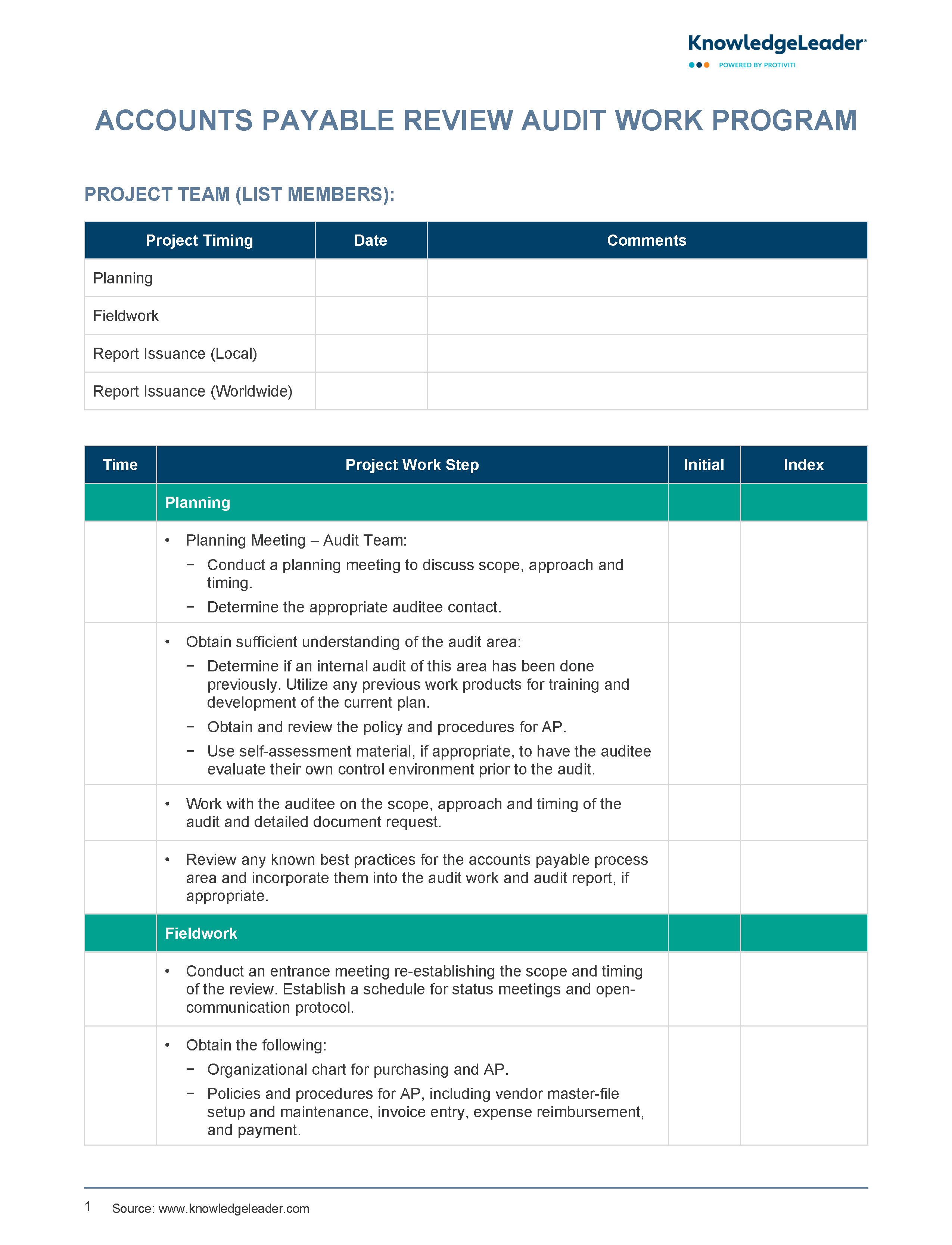 screenshot of the first page of Accounts Payable Review Audit Work Program