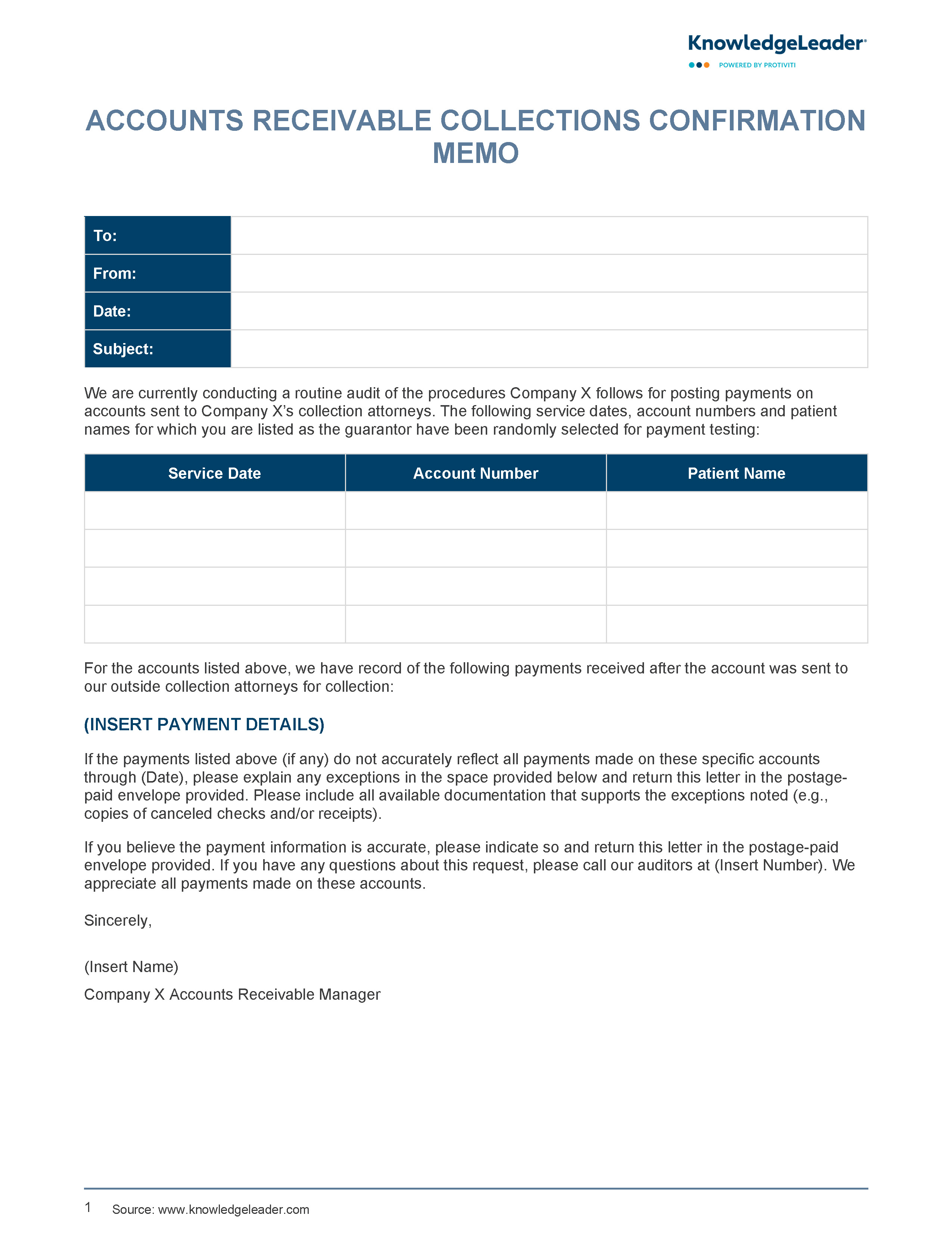 Screenshot of the first page of Accounts Receivable Collections Confirmation Example Letter Memo