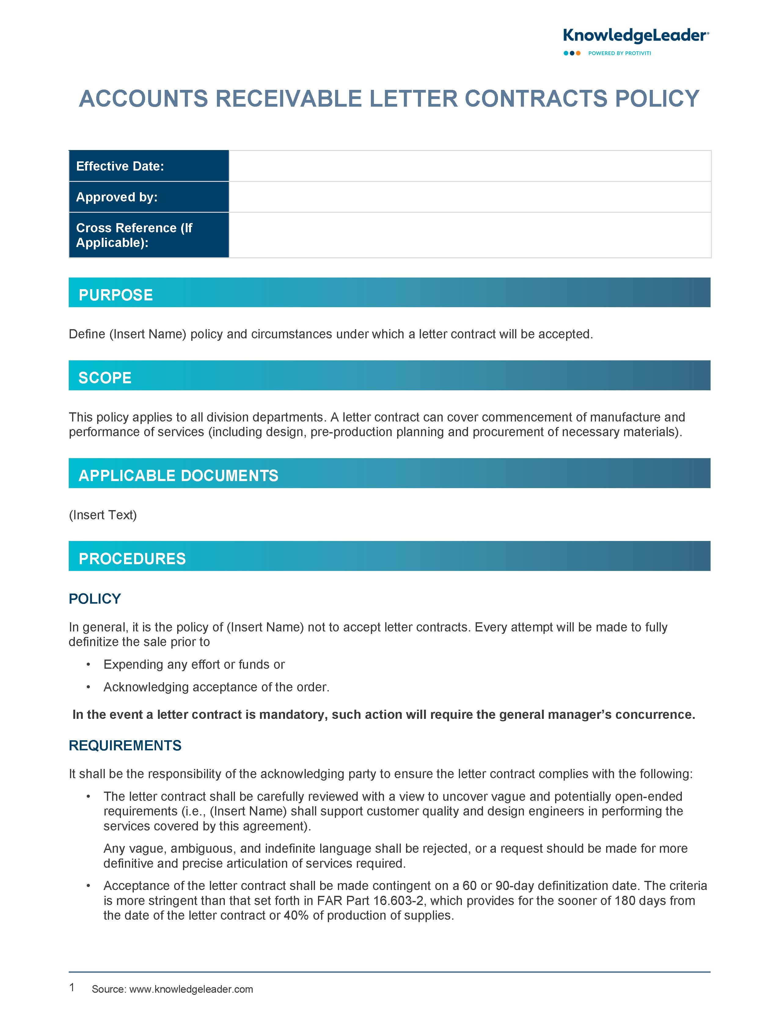 Screenshot of the first page of Accounts Receivable Letter Contracts Policy