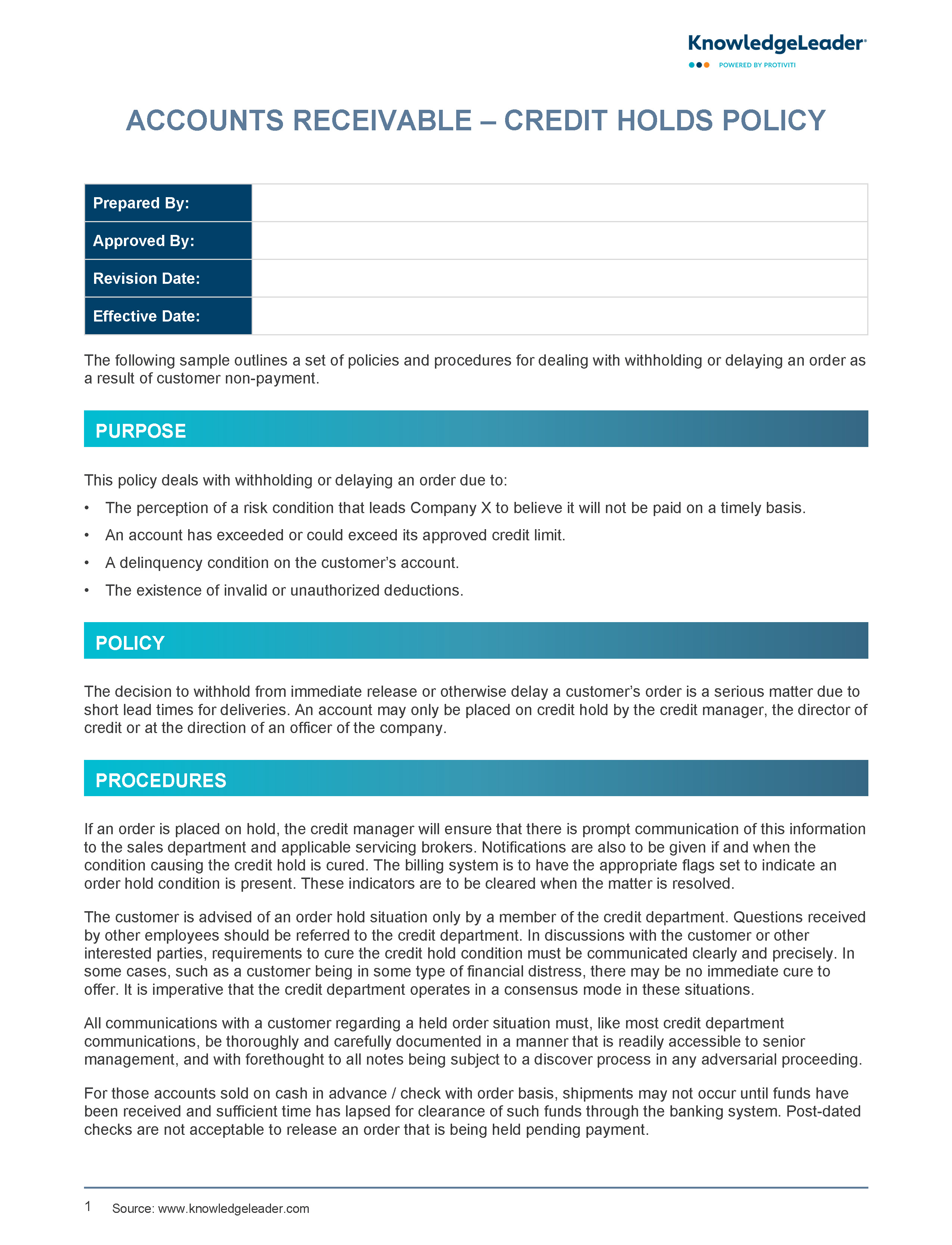 Screenshot of the first page of Accounts Receivable Policy - Credit Holds