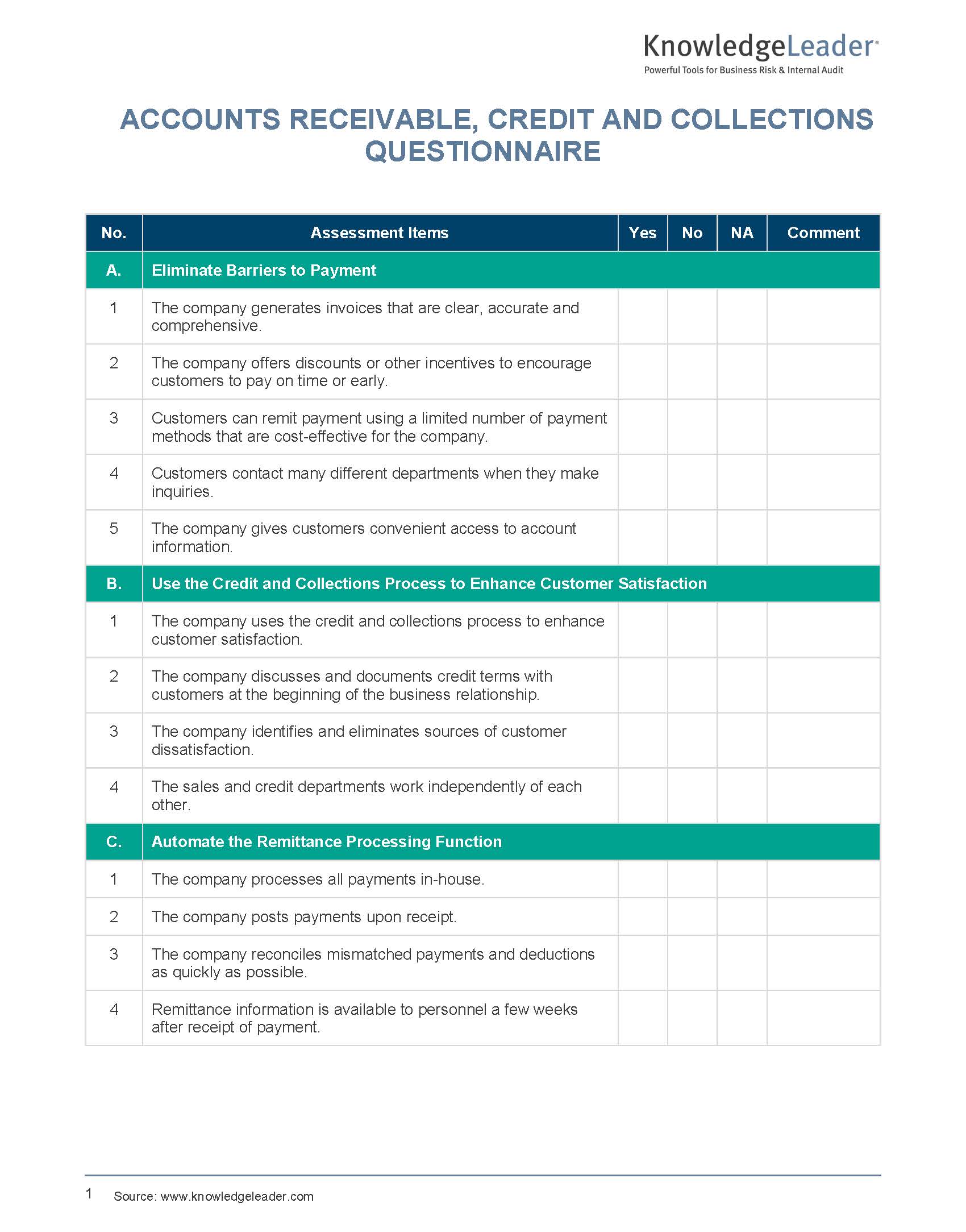 Screenshot of the first page of Accounts Receivable, Credit and Collections Questionnaire