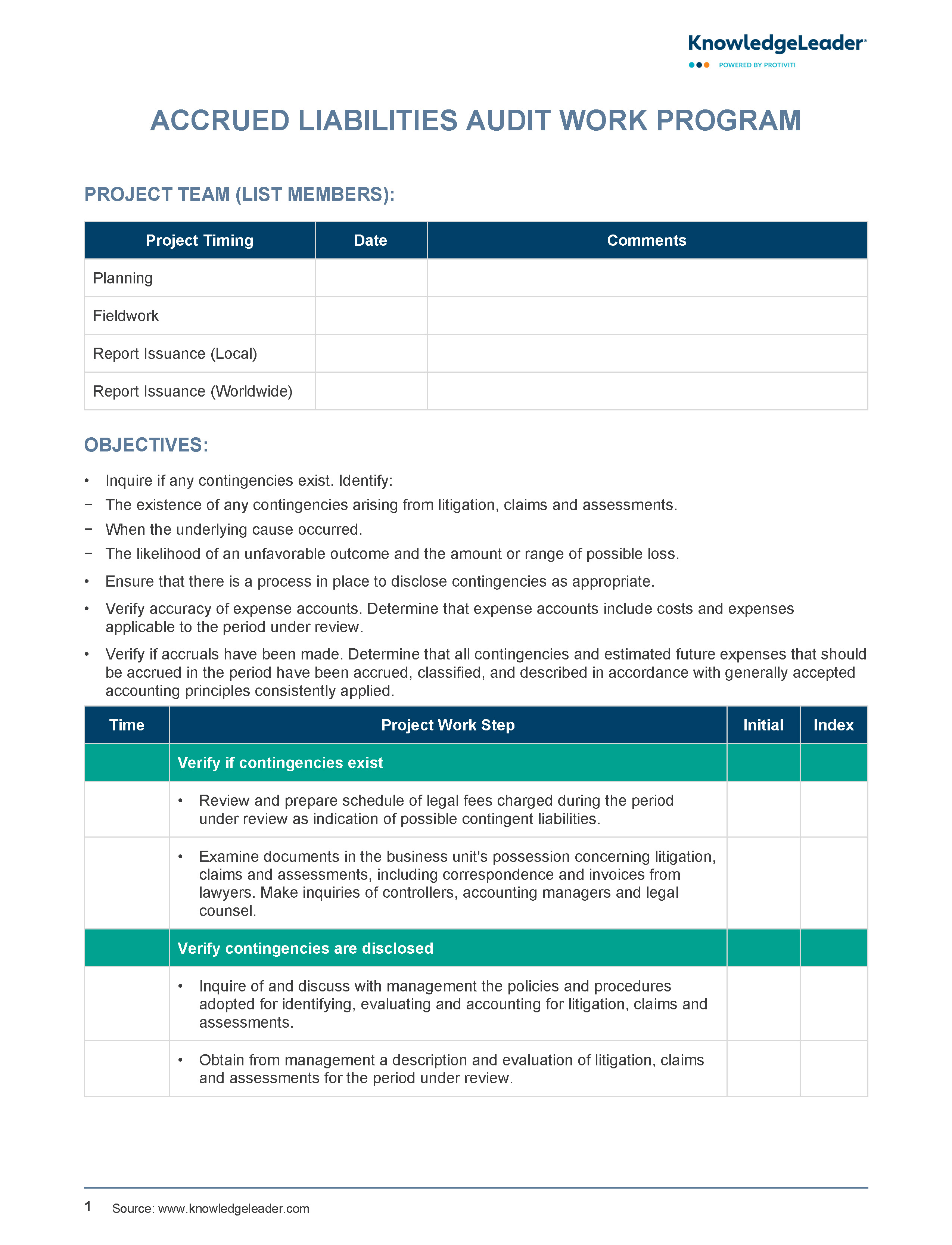 screenshot of the first page of Accrued Liabilities Audit Work Program