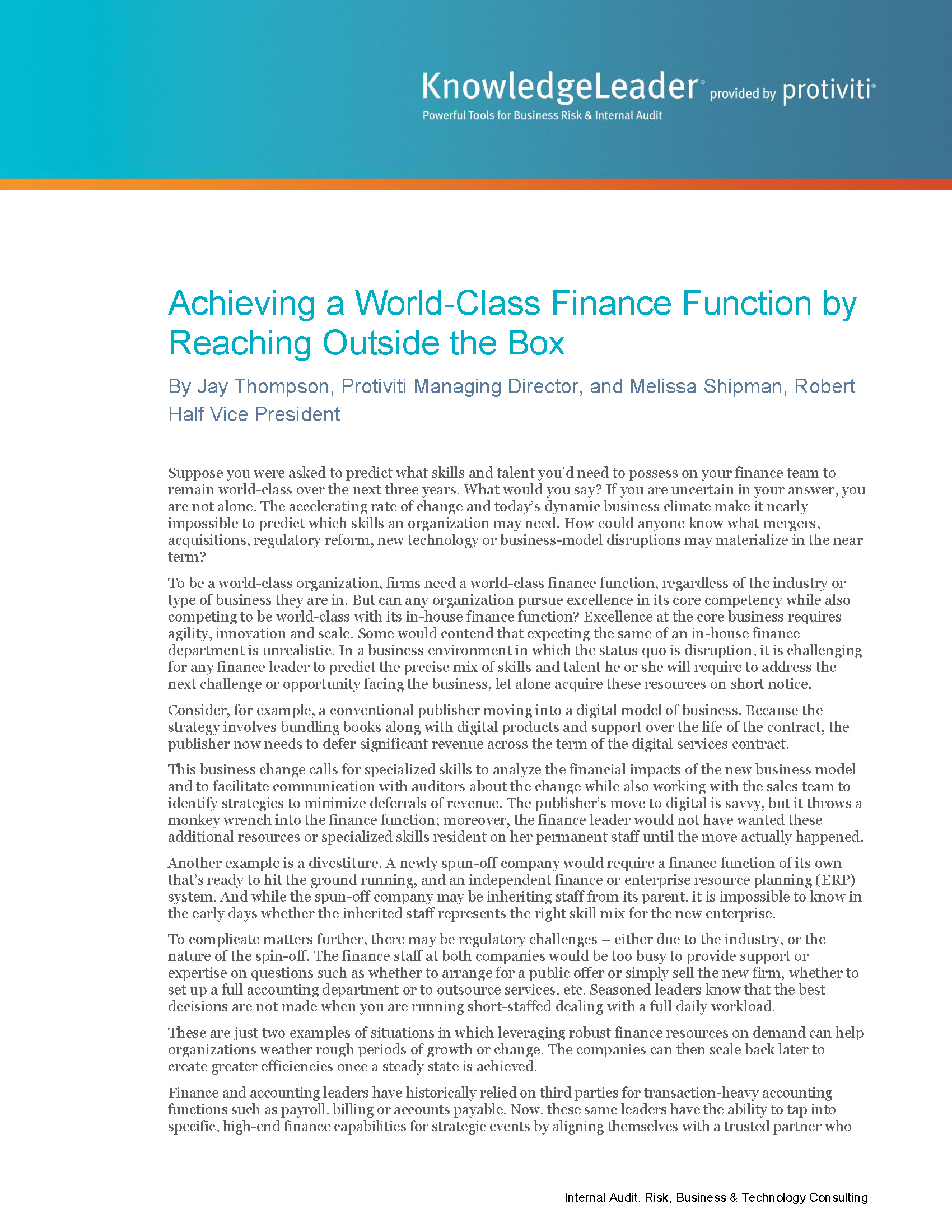 Screenshot of the first page of Achieving a World-Class Finance Function by Reaching Outside the Box
