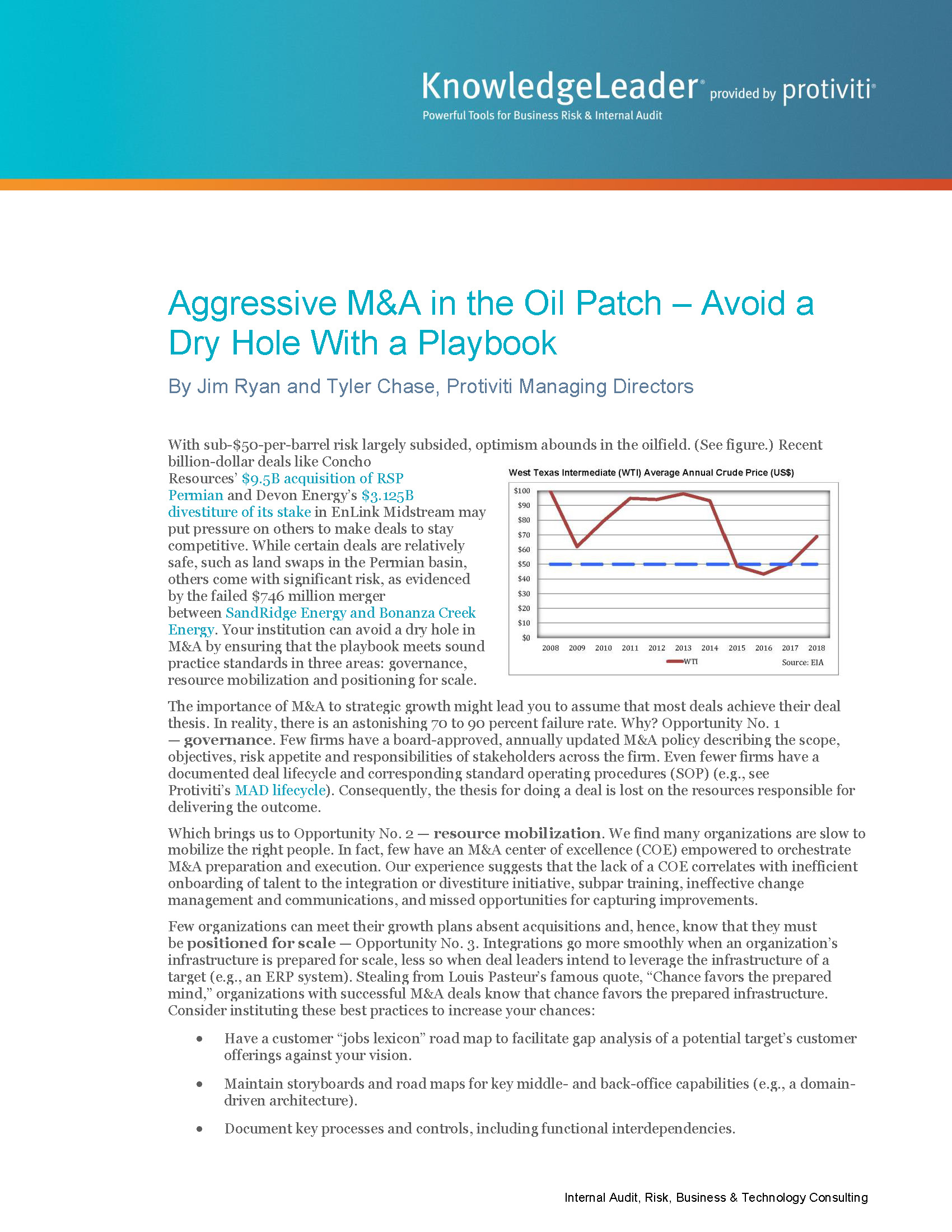 Screenshot of the first page of Aggressive M&A in the Oil Patch — Avoid a Dry Hole With a Playbook