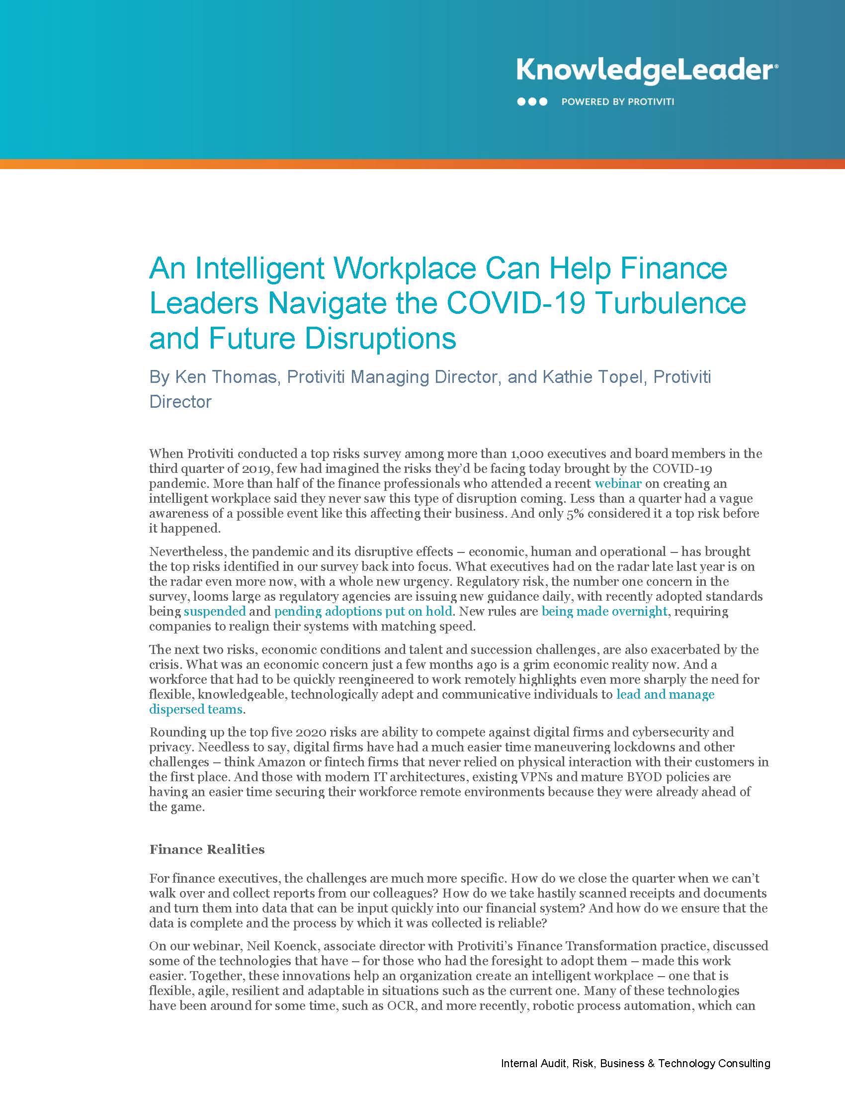 Screenshot of the first page of (An Intelligent Workplace Can Help Finance Leaders Navigate the COVID-19 Turbulence and Future Disruptions)
