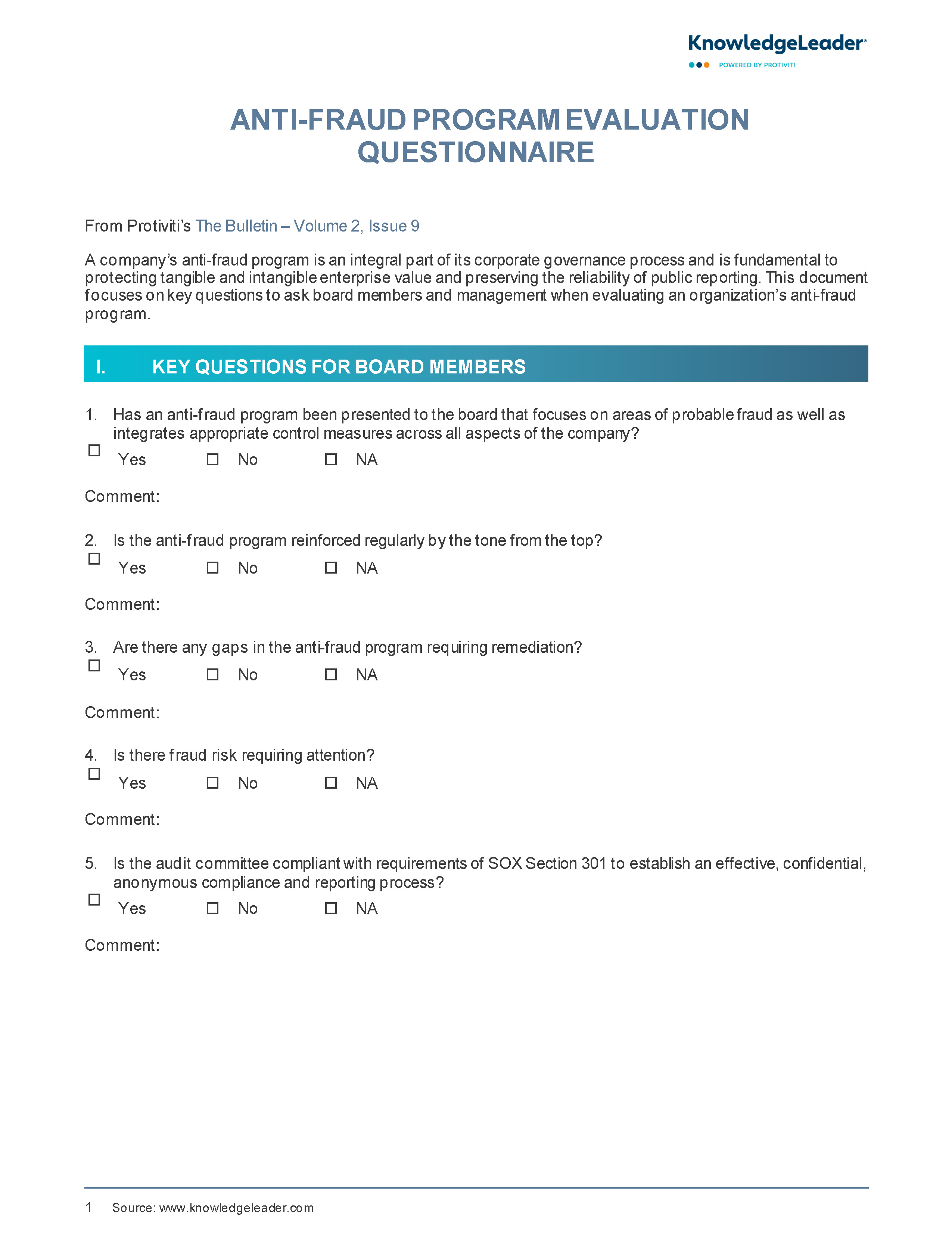 Screenshot of the first page of Anti-Fraud Program Evaluation Questionnaire