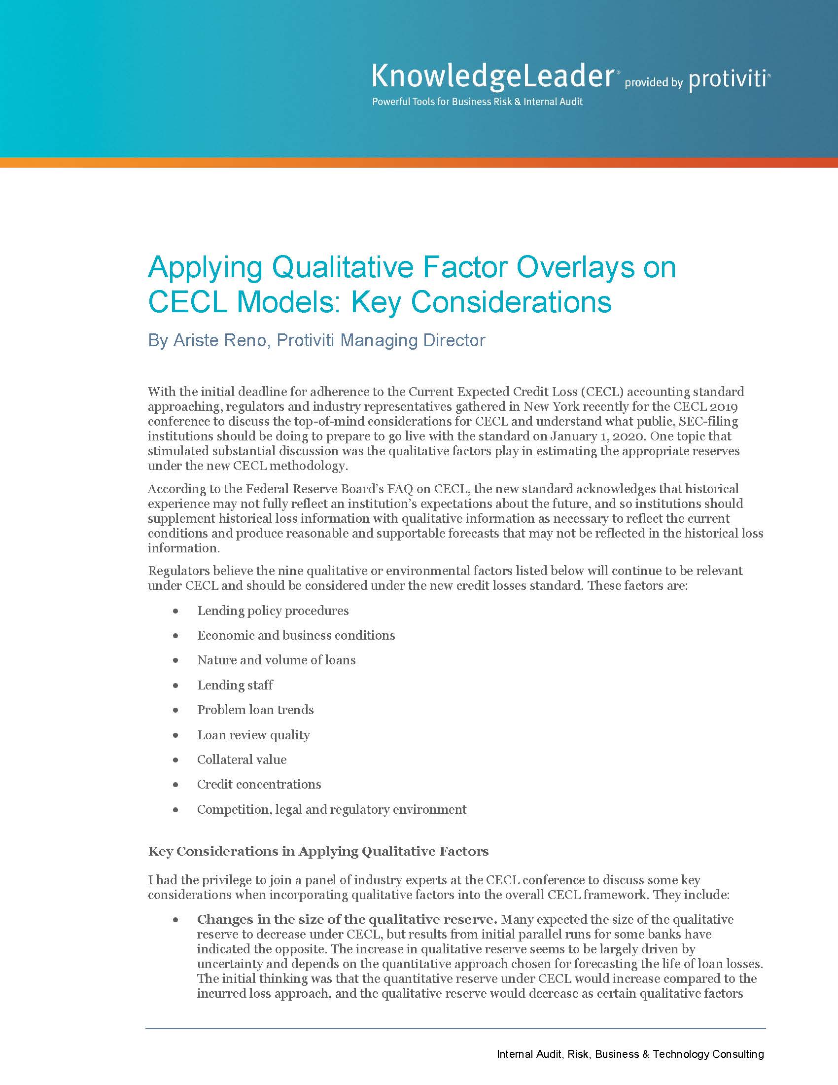 Screenshot of the first page of Applying Qualitative Factor Overlays on CECL Models Key Considerations