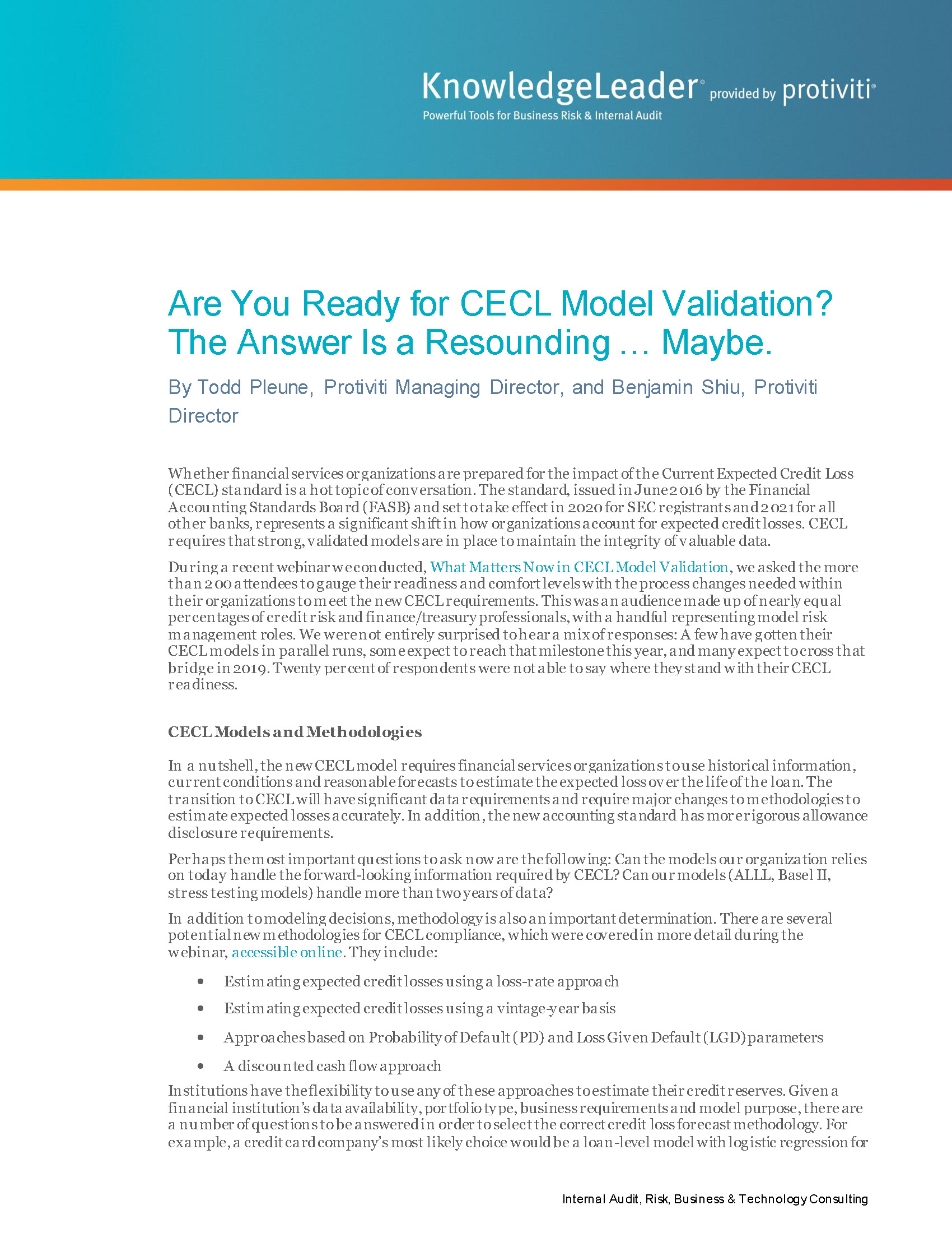 Screenshot of the first page of Are You Ready for CECL Model Validation The Answer Is a Resounding … Maybe