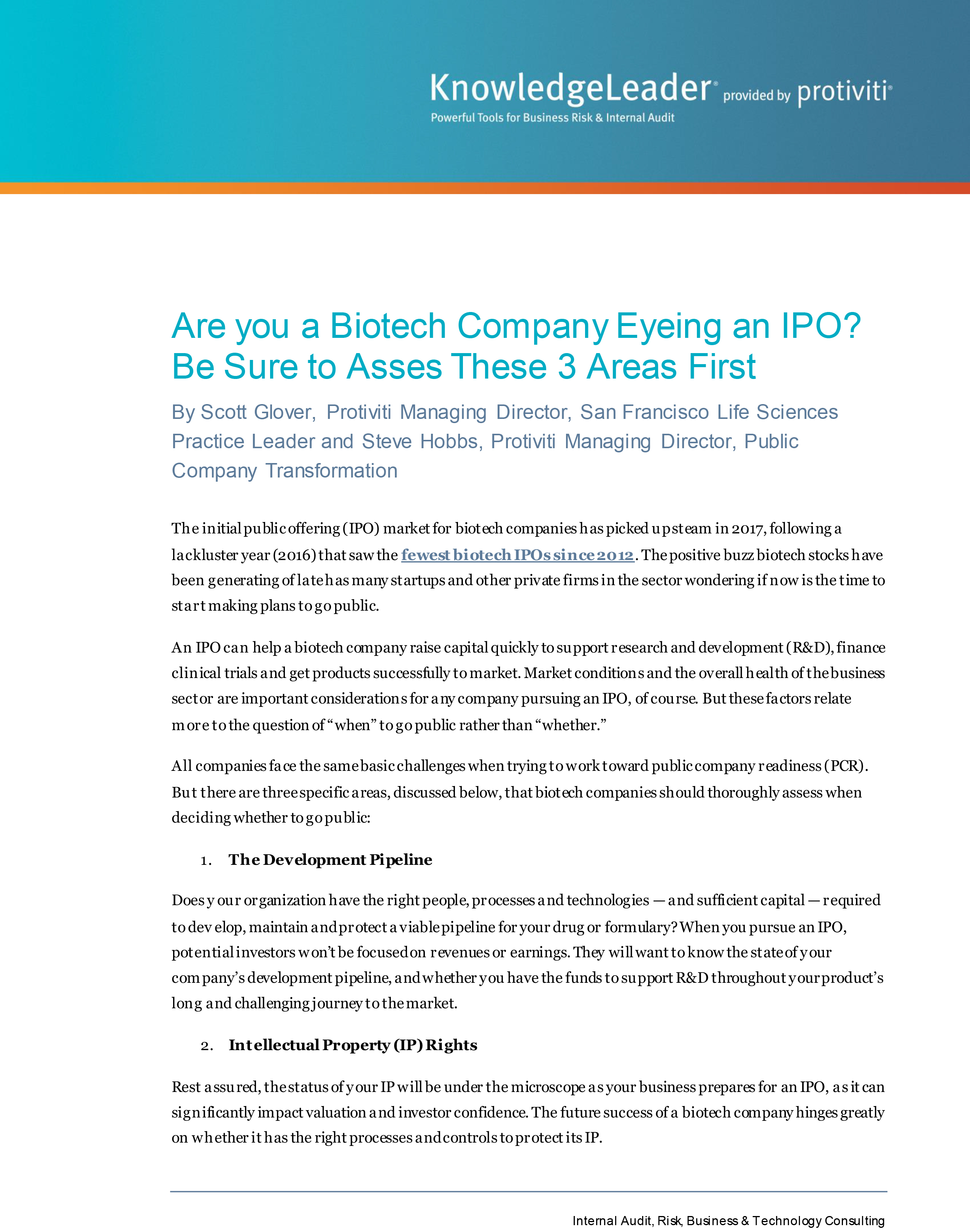 Screenshot of the first page of Are You a Biotech Company Eyeing an IPO - Be Sure to Assess These 3 Areas First
