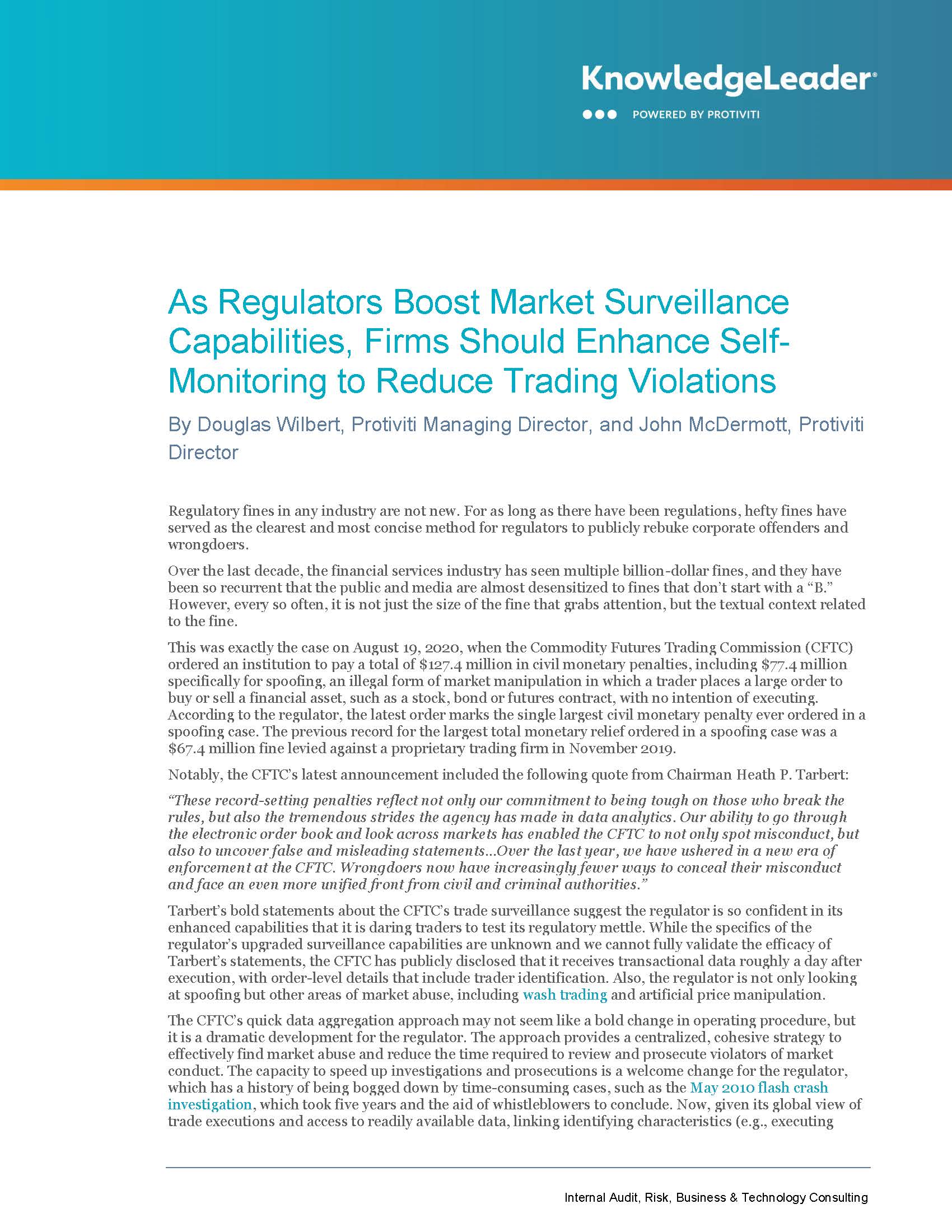 Screenshot of the first page of As Regulators Boost Market Surveillance Capabilities, Firms Should Enhance Self-Monitoring to Reduce Trading Violations