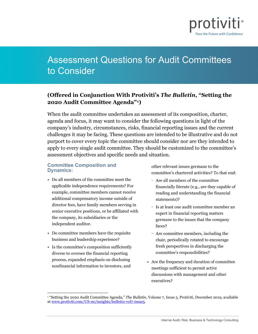 Screenshot of the first page of Assessment Questions for Audit Committees to Consider