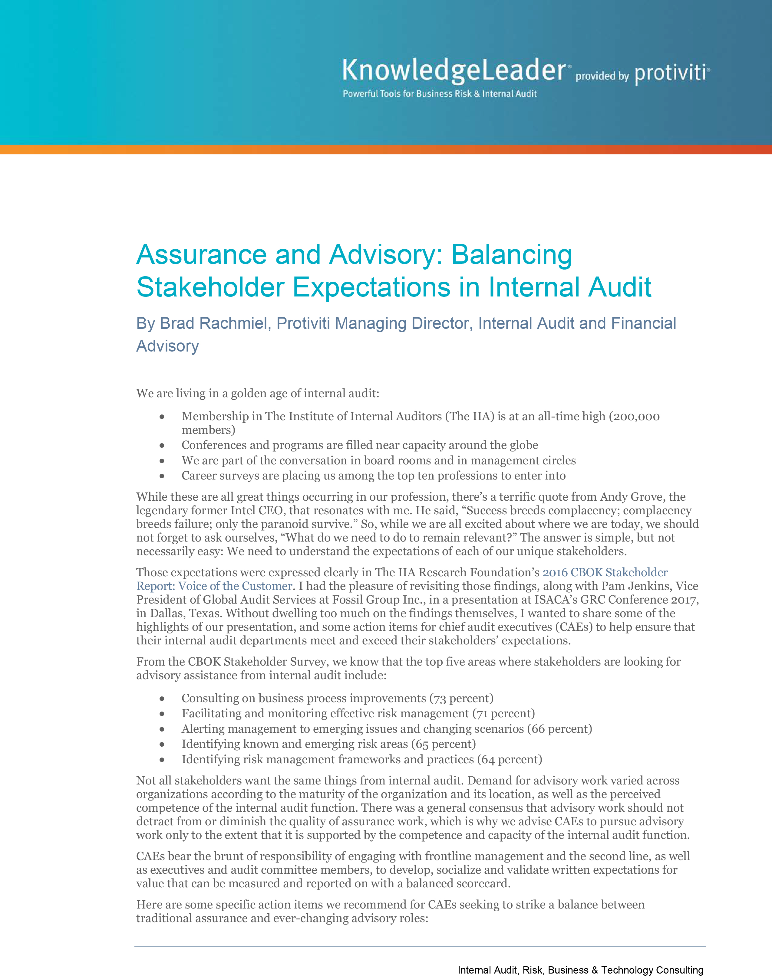 Screenshot of the first page of Assurance and Advisory - Balancing Stakeholder Expectations in Internal Audit