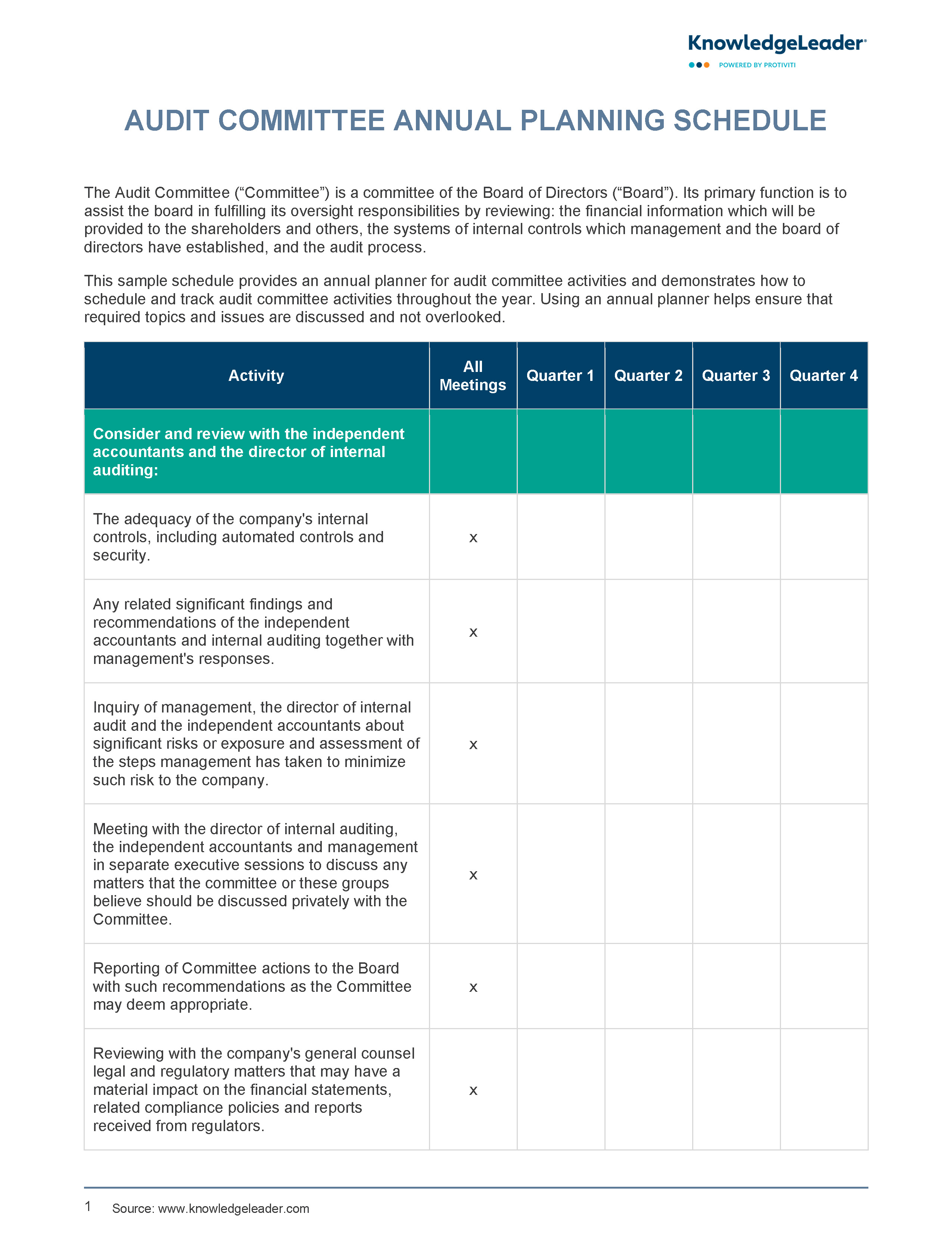 Screenshot of the first page of Audit Committee Annual Planning Schedule