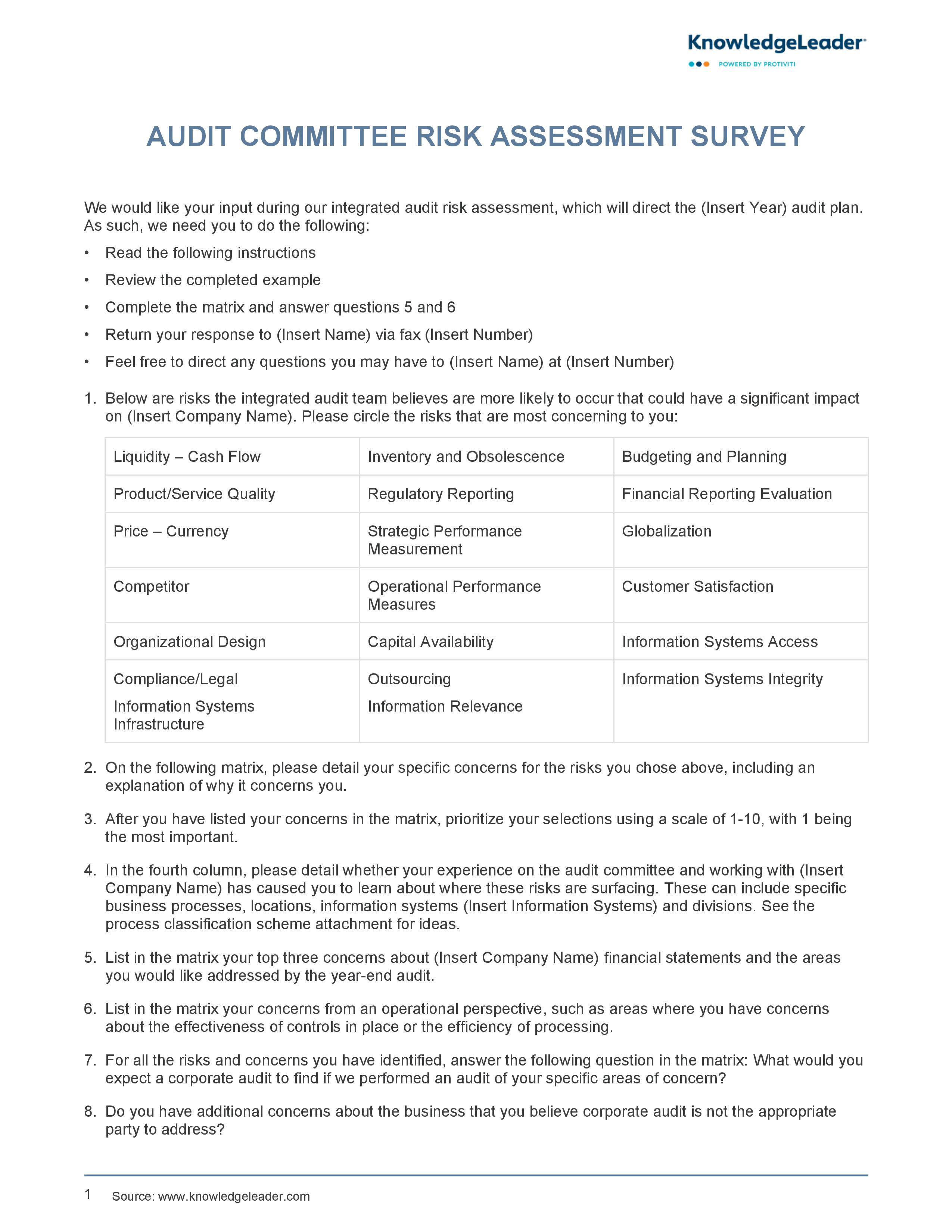 screenshot of the first page of Audit Committee Risk Assessment Survey Questionnaire