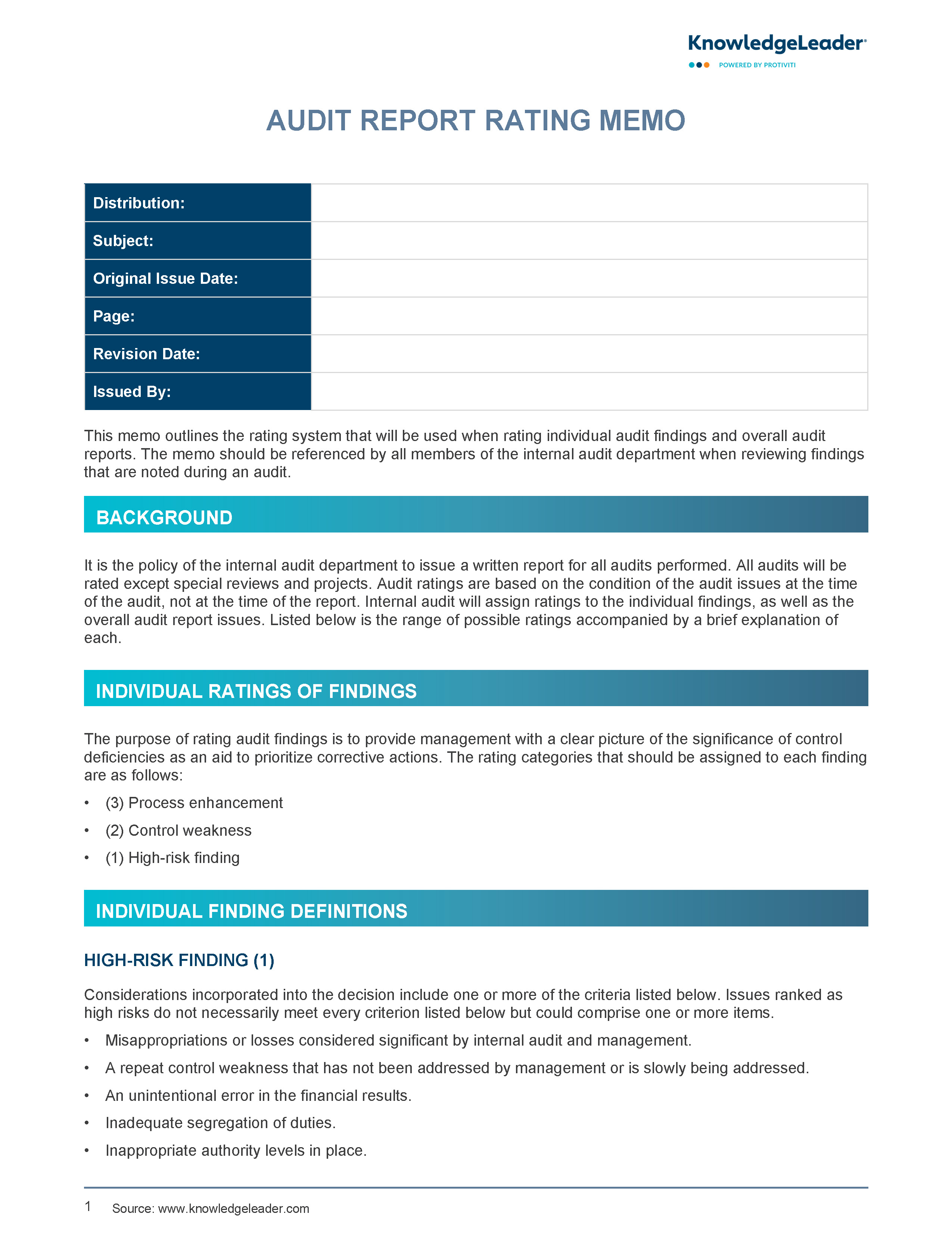 Screenshot of the first page of Audit Report Rating Memo