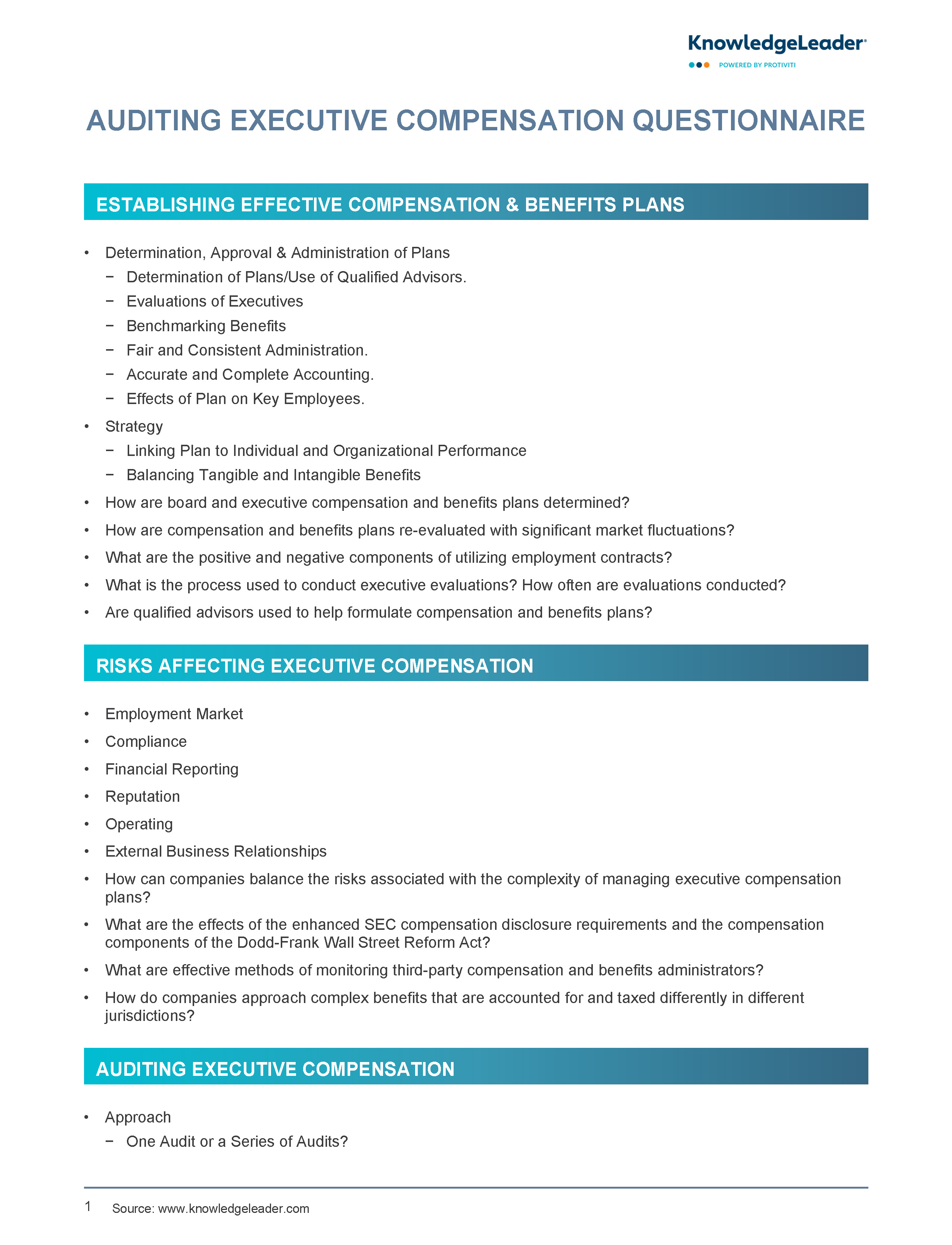 Screenshot of the first page of Auditing Executive Compensation Questionnaire