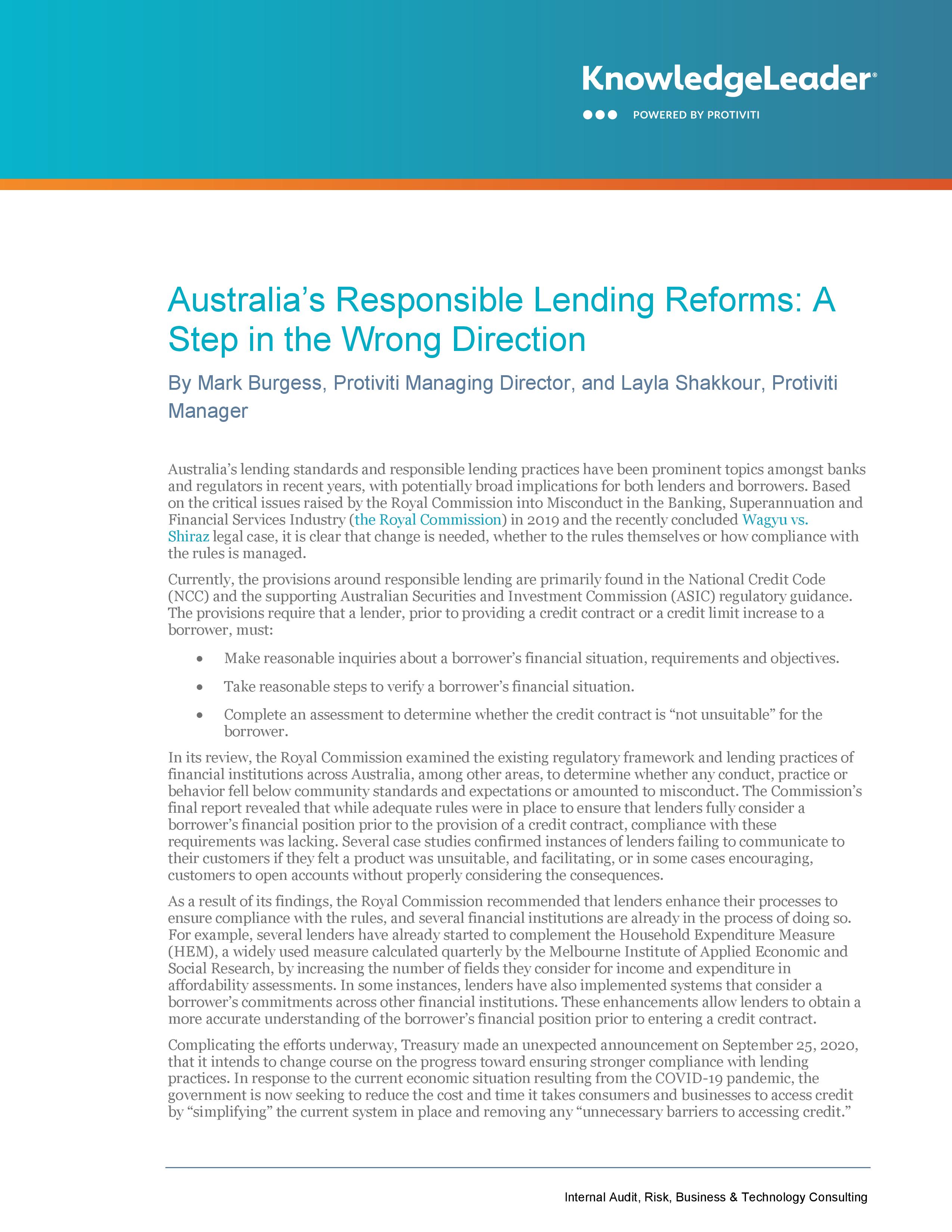 Screenshot of the first page of Australia’s Responsible Lending Reforms: A Step in the Wrong Direction