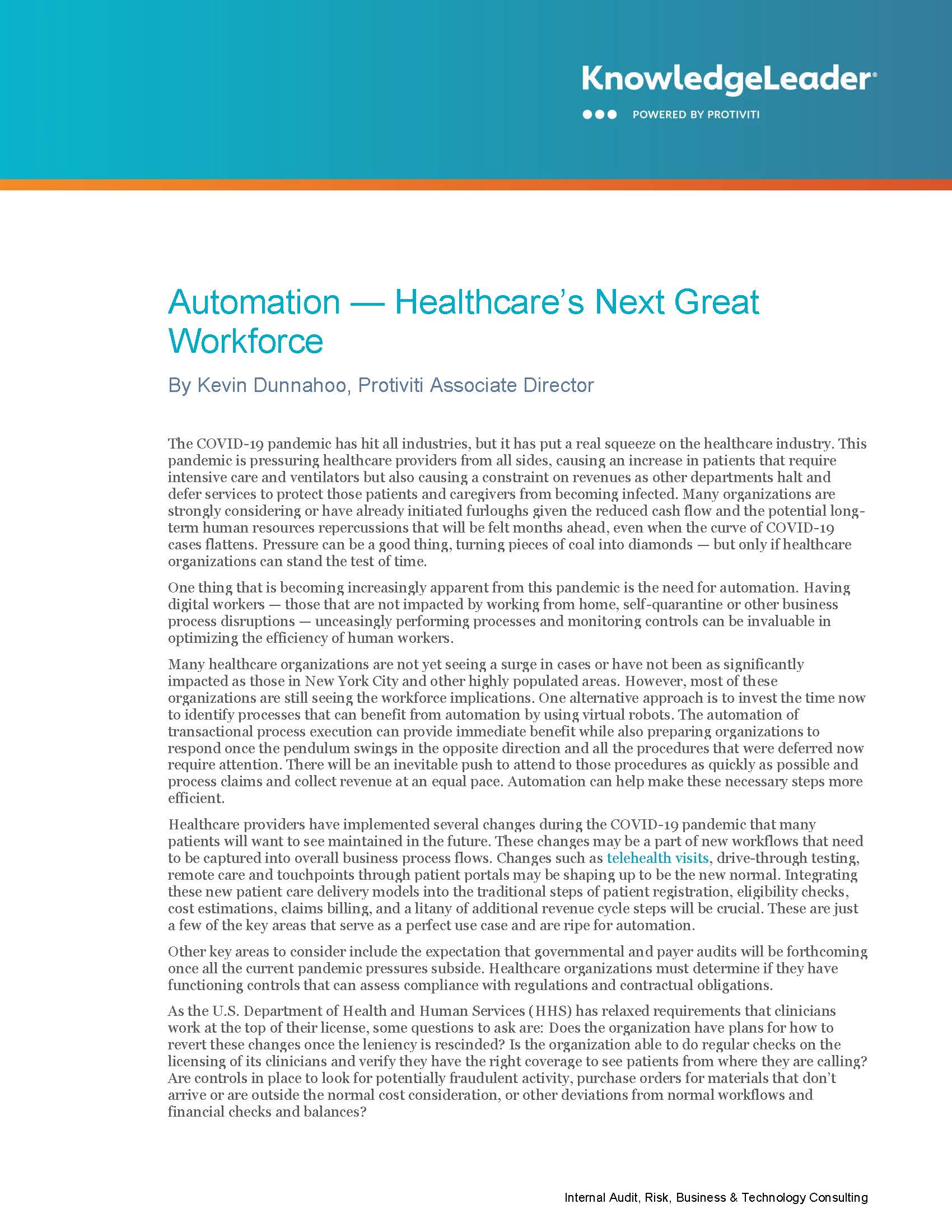 Screenshot of the first page of (Automation ⁠— Healthcare’s Next Great Workforce)