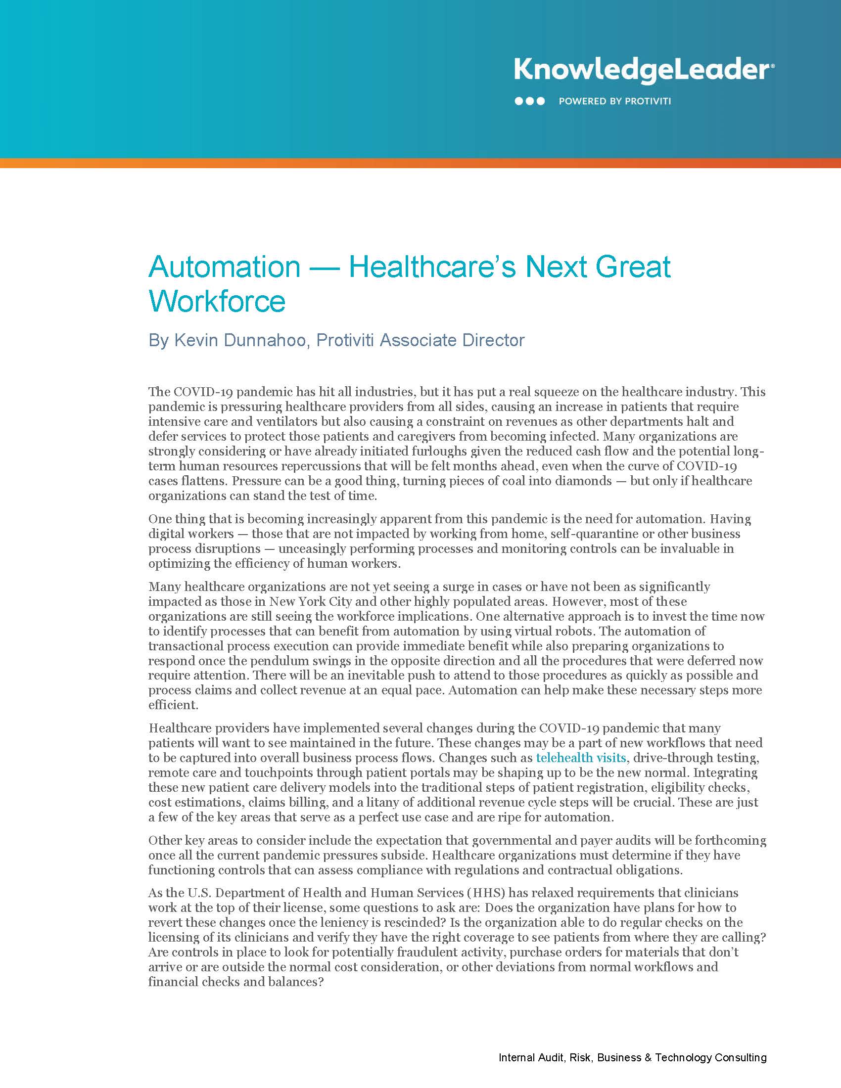 Screenshot of the first page of (Automation — Healthcare’s Next Great Workforce)
