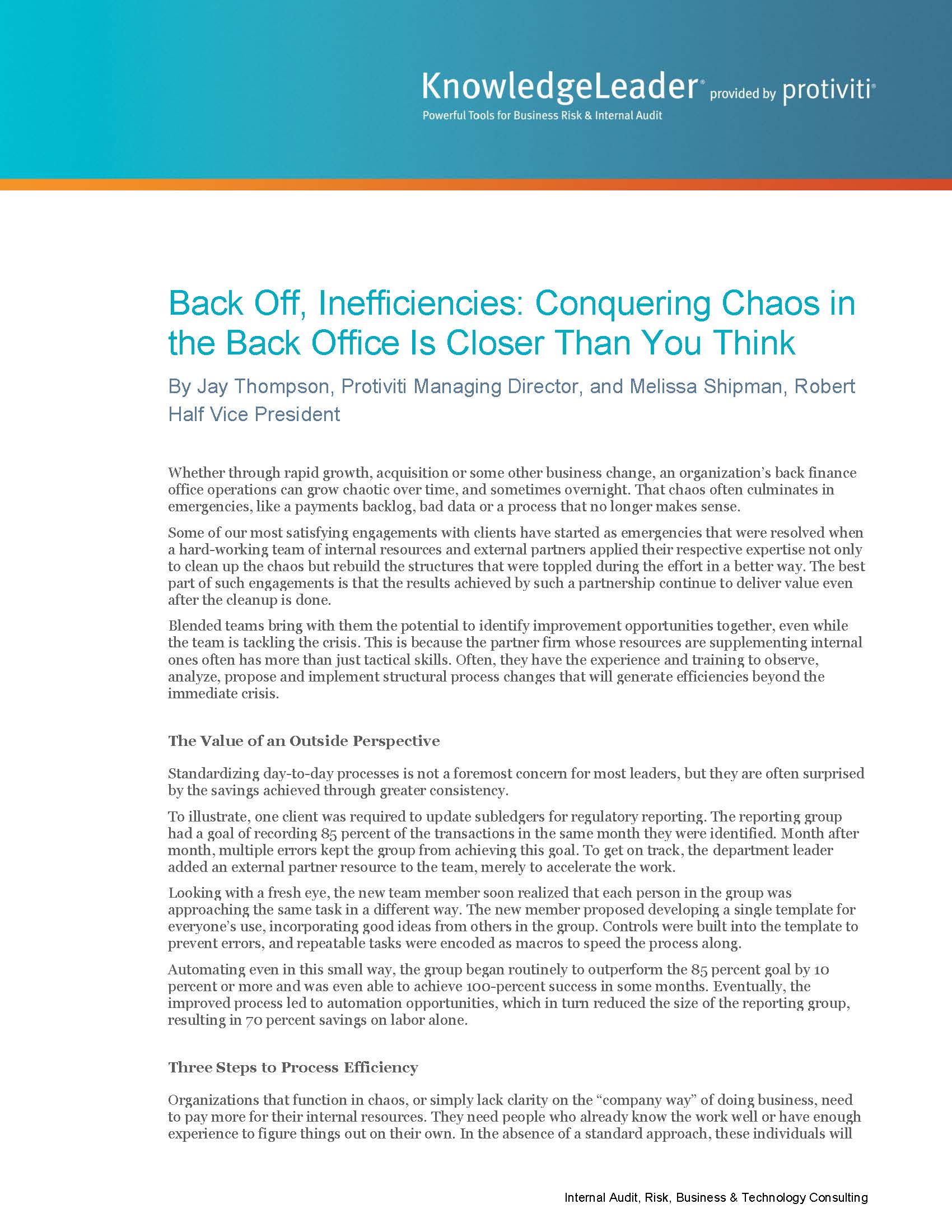 Screenshot of the first page of Back Off, Inefficiencies Conquering Chaos in the Back Office Is Closer Than You Think