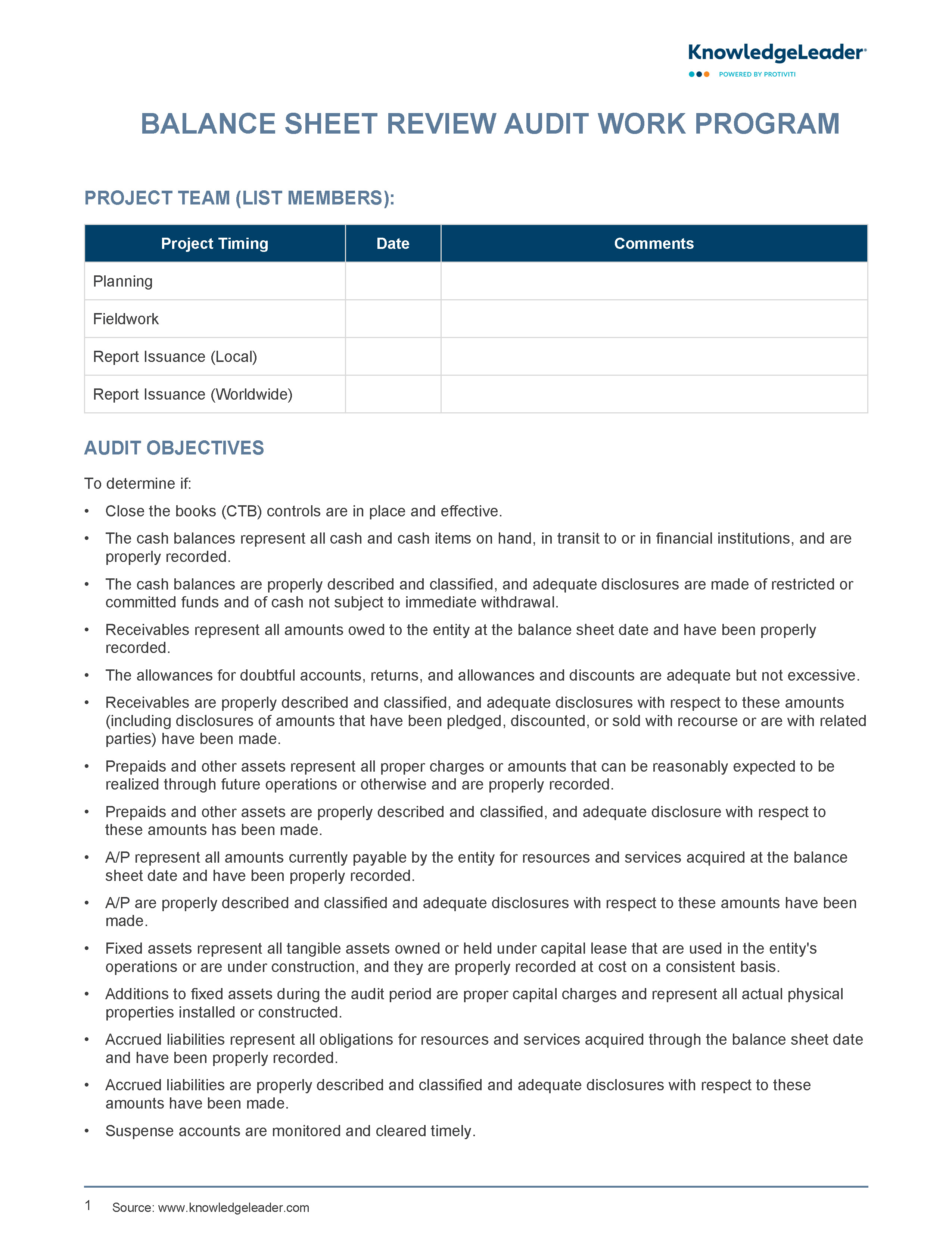Screenshot of the first page of Balance Sheet Review Audit Work Program