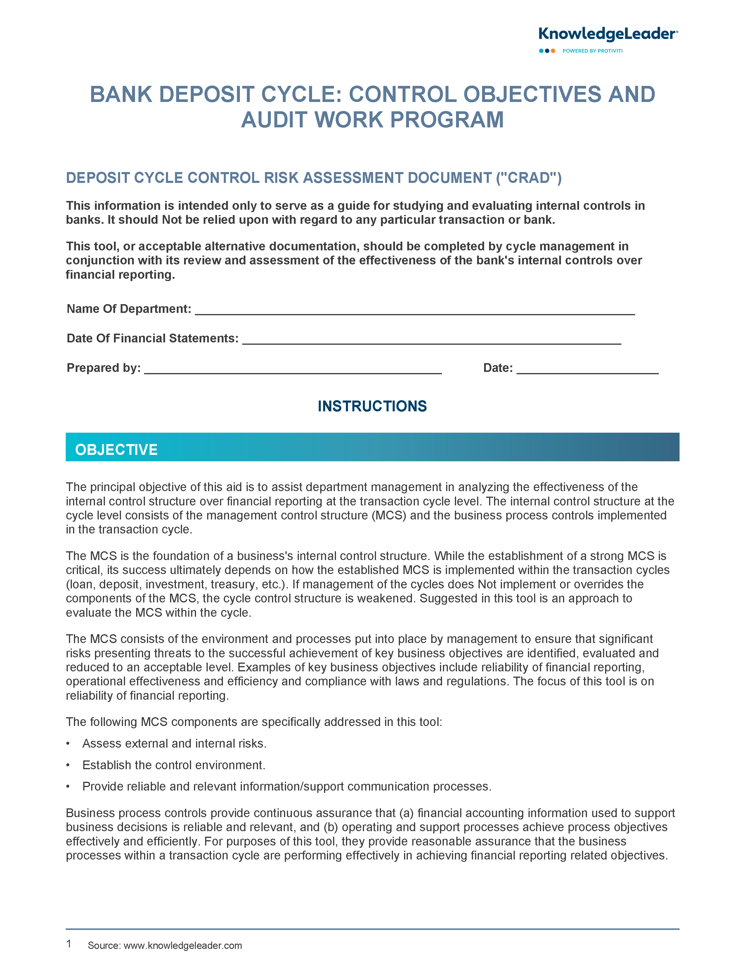 Screenshot of the first page of Bank Deposit Cycle - Control Objectives and Audit Work Program