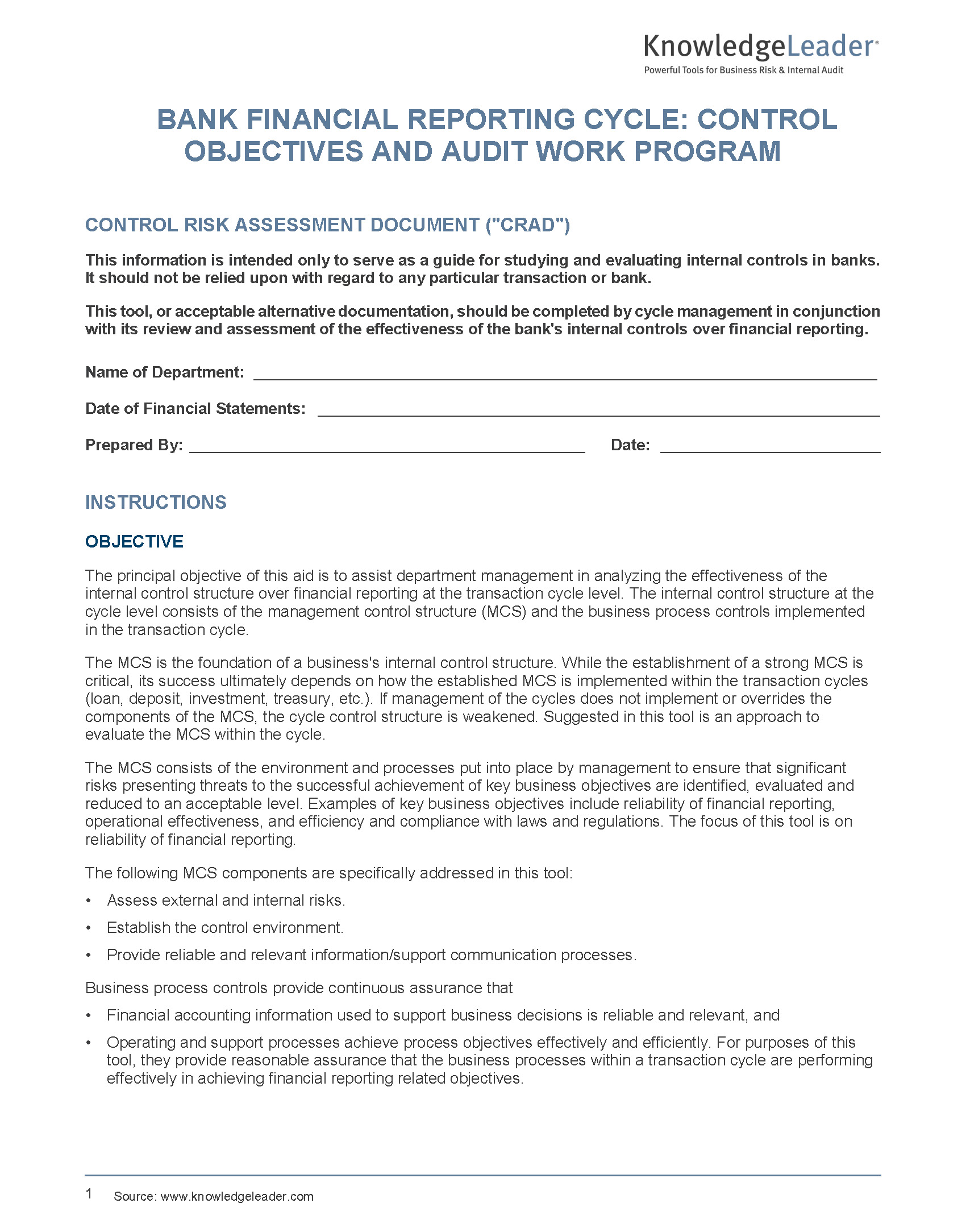 Screenshot of the first page of Bank Financial Reporting Cycle Control Objectives and Audit Work Program