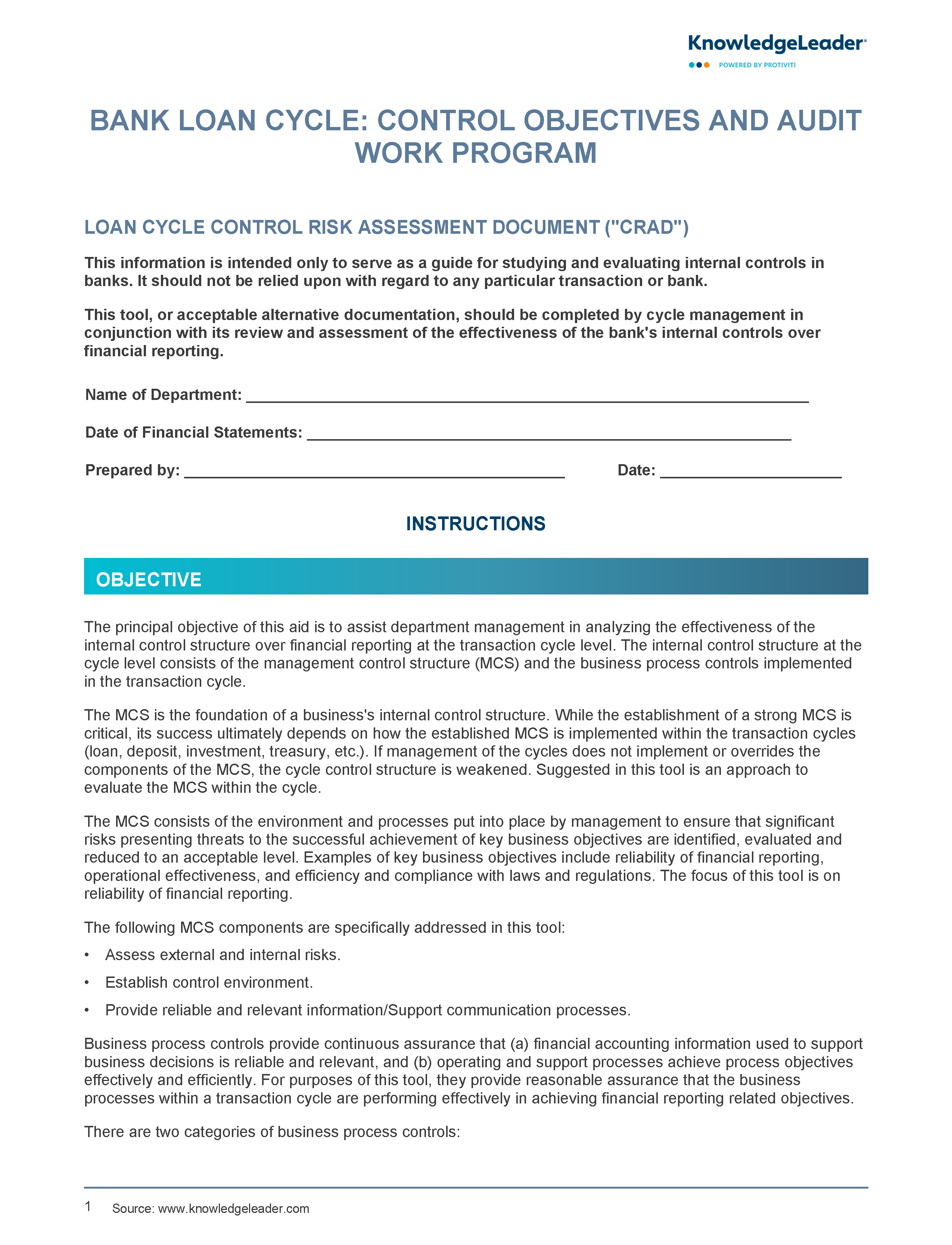 Screenshot of the first page of Bank Loan Cycle - Control Objectives and Audit Work Program 