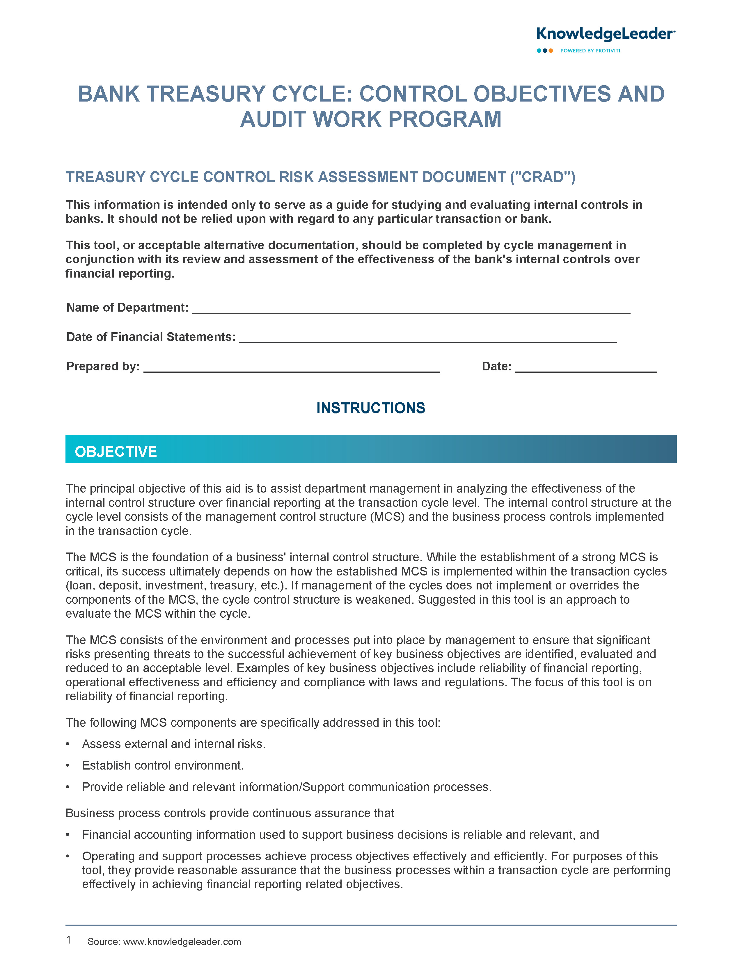 Screenshot of the first page of Bank Treasury Cycle - Control Objectives and Audit Work Program