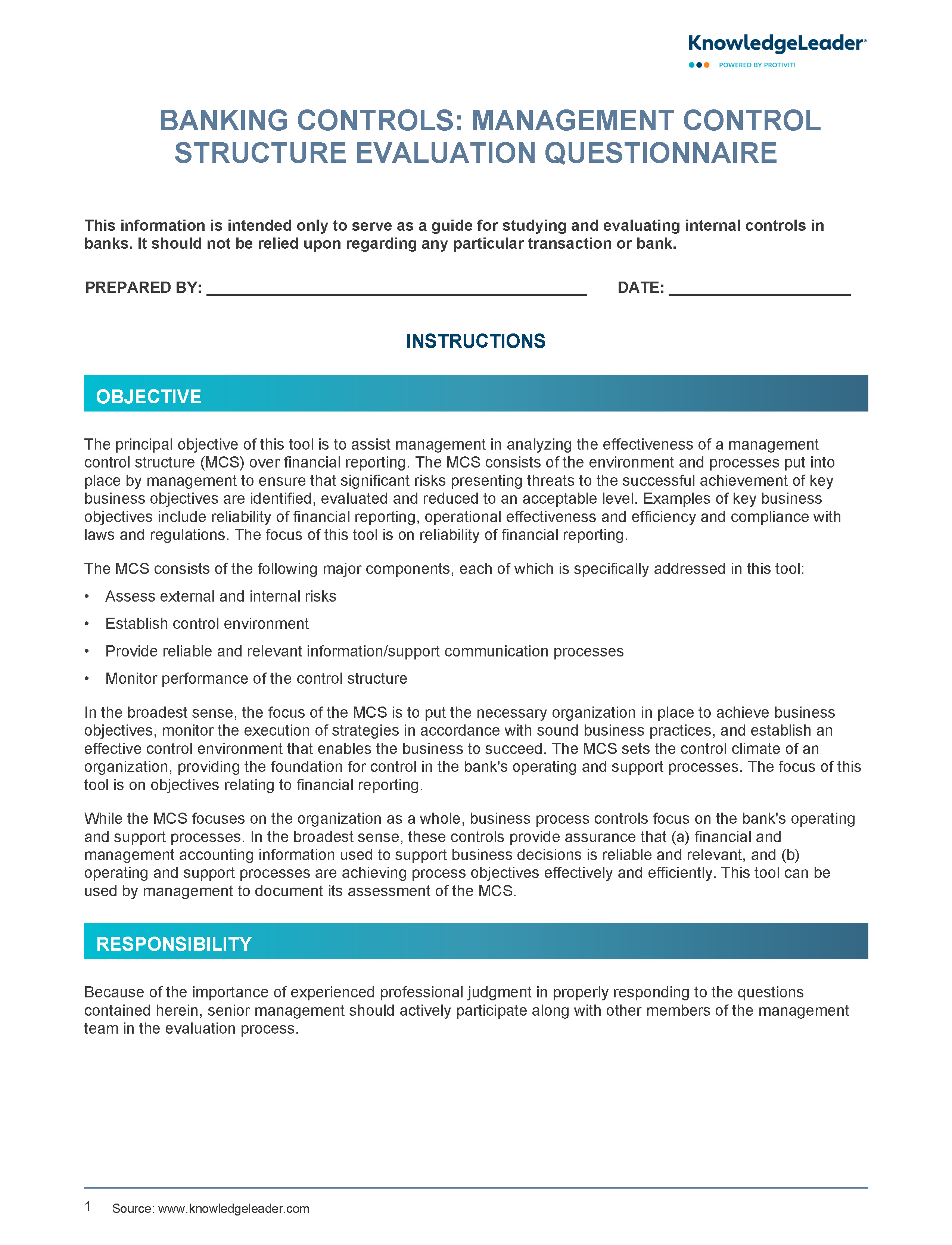 Screenshot of the first page of Banking Controls Management Control Structure Quest